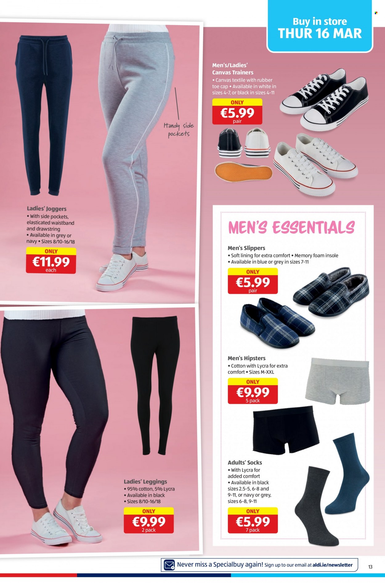 thumbnail - Aldi offer  - 16.03.2023 - 22.03.2023 - Sales products - slippers, trainers, canvas, joggers, leggings, socks. Page 13.