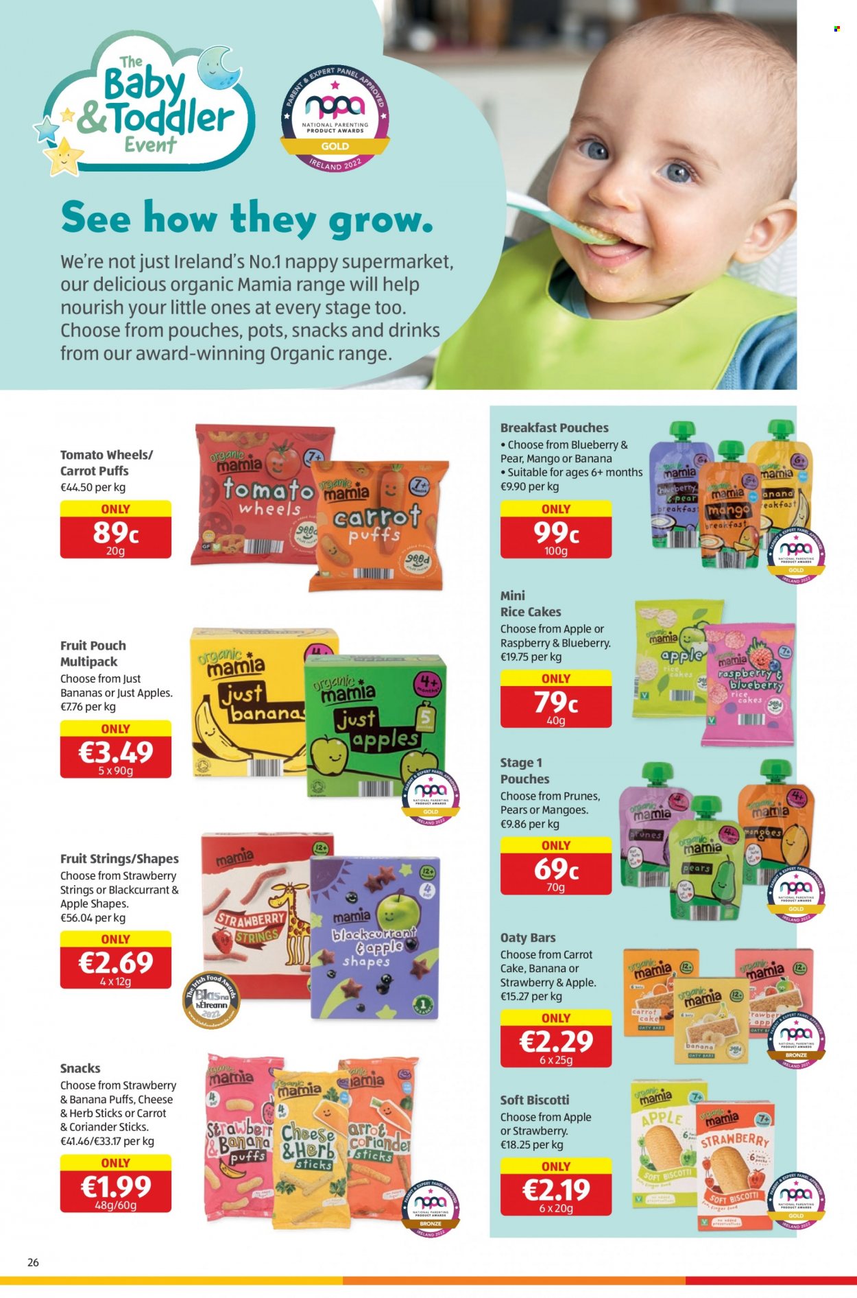 thumbnail - Aldi offer  - 16.03.2023 - 22.03.2023 - Sales products - puffs, bananas, apples, biscotti, snack, coriander, prunes, dried fruit, nappies, pot. Page 26.