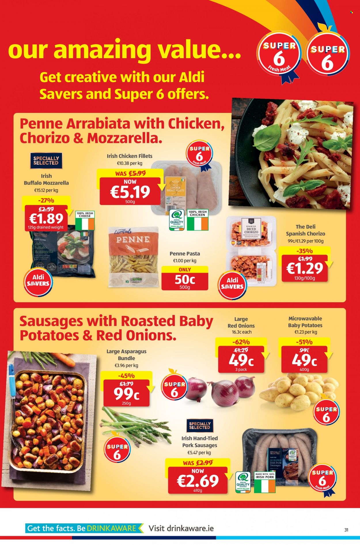 thumbnail - Aldi offer  - 16.03.2023 - 22.03.2023 - Sales products - asparagus, red onions, onion, pasta, chorizo, sausage, mozzarella, cheese, penne, chicken breasts. Page 31.