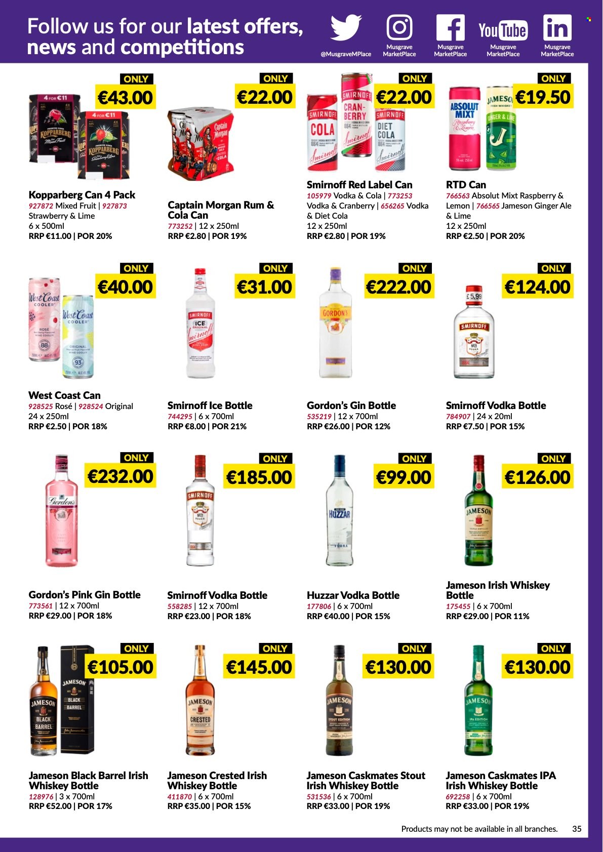 thumbnail - MUSGRAVE Market Place offer  - 12.03.2023 - 08.04.2023 - Sales products - ginger ale, wine, rosé wine, Captain Morgan, gin, rum, Smirnoff, vodka, whiskey, irish whiskey, Jameson, Gordon's, Absolut, Kopparberg, whisky, IPA, rose. Page 35.