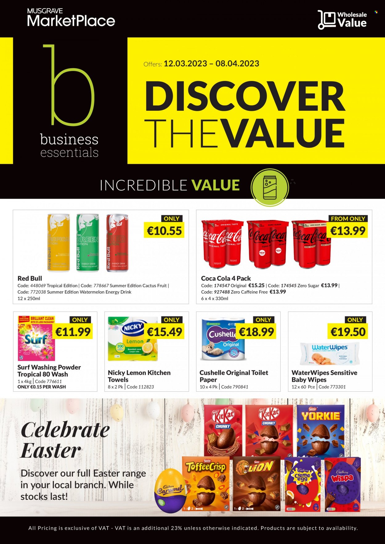thumbnail - MUSGRAVE Market Place offer  - 12.03.2023 - 08.04.2023 - Sales products - watermelon, Coca-Cola, energy drink, Red Bull, wipes, baby wipes, toilet paper, kitchen towels, Cushelle, laundry powder, Surf, cactus. Page 1.
