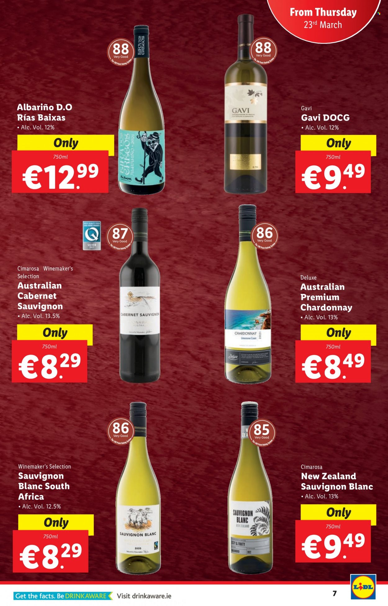 thumbnail - Lidl offer  - 23.03.2023 - 29.03.2023 - Sales products - Cabernet Sauvignon, red wine, white wine, Chardonnay, wine, Sauvignon Blanc. Page 7.