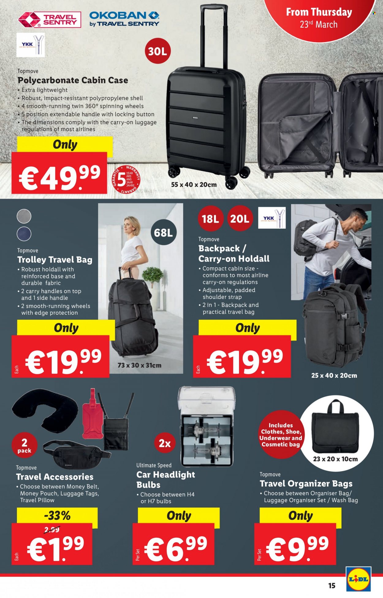 thumbnail - Lidl offer  - 23.03.2023 - 29.03.2023 - Sales products - trolley, shoes, cosmetic bag, travel accessories, bulb, pillow, luggage, belt, underwear, strap, headlamp, Shell. Page 15.