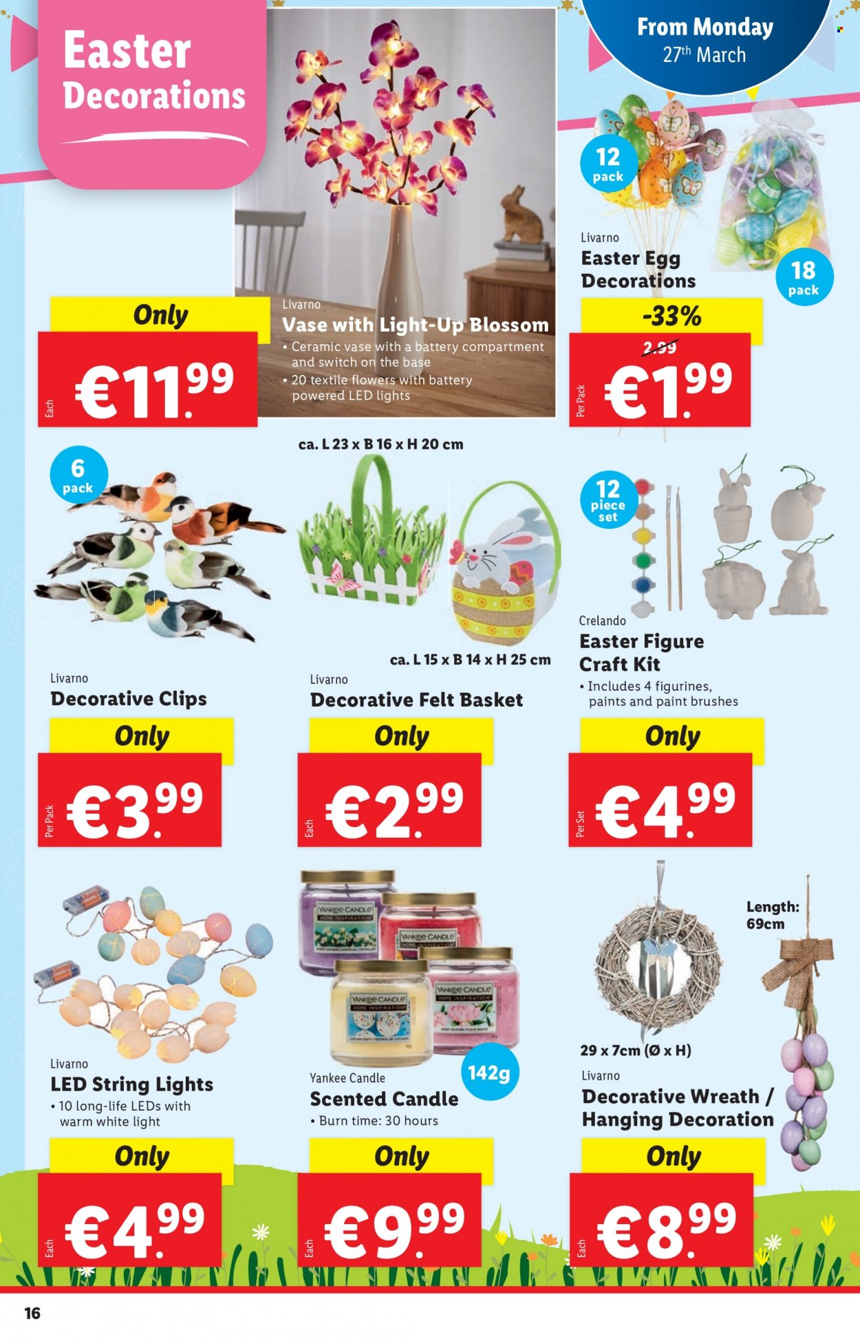 thumbnail - Lidl offer  - 23.03.2023 - 29.03.2023 - Sales products - wreath, easter egg, vase, eggs, Blossom, switch, basket, paint brush, craft supplies, candle, Yankee Candle, LED light, string lights, flowers. Page 16.