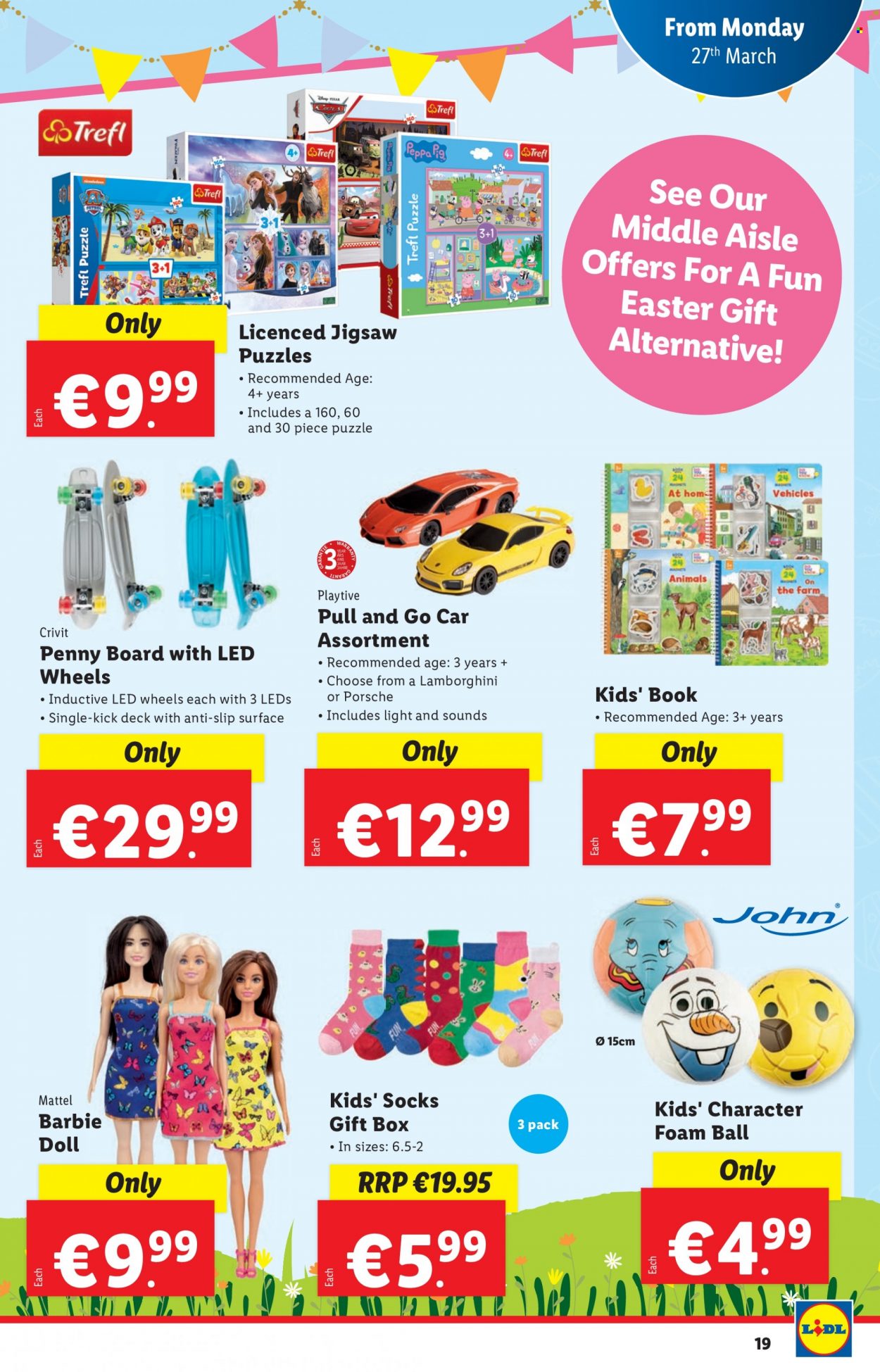 thumbnail - Lidl offer  - 23.03.2023 - 29.03.2023 - Sales products - Crivit, Peppa Pig, Barbie, gift box, book, socks, doll, Mattel, puzzle. Page 19.