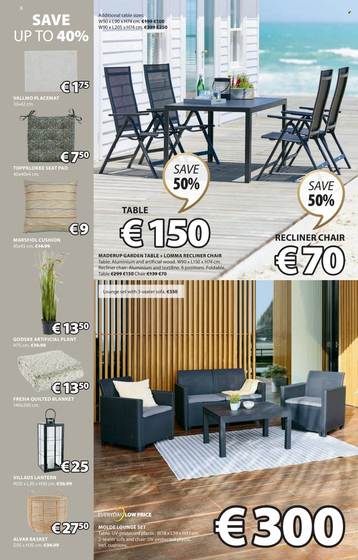 thumbnail - JYSK offer  - 16.03.2023 - 29.03.2023 - Sales products - table, chair, sofa, recliner chair, lounge, cushion, lantern, placemat, artificial plant, basket, blanket. Page 8.