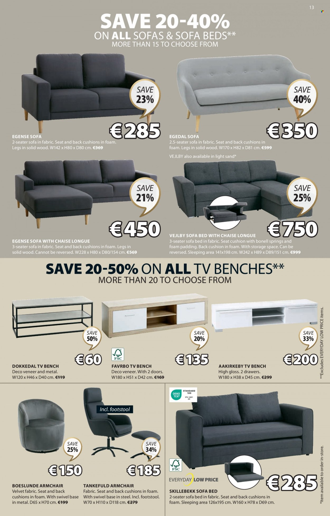 thumbnail - JYSK offer  - 16.03.2023 - 29.03.2023 - Sales products - bench, arm chair, sofa, sofa bed, sofa with chaise longue, chaise longue, tv bench, bed, cushion. Page 13.