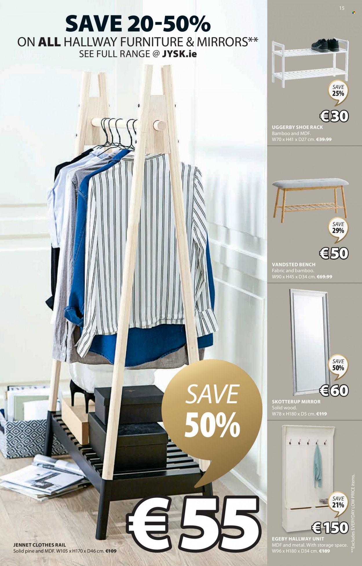 thumbnail - JYSK offer  - 16.03.2023 - 29.03.2023 - Sales products - bench, shoe rack, clothes rail, mirror. Page 15.