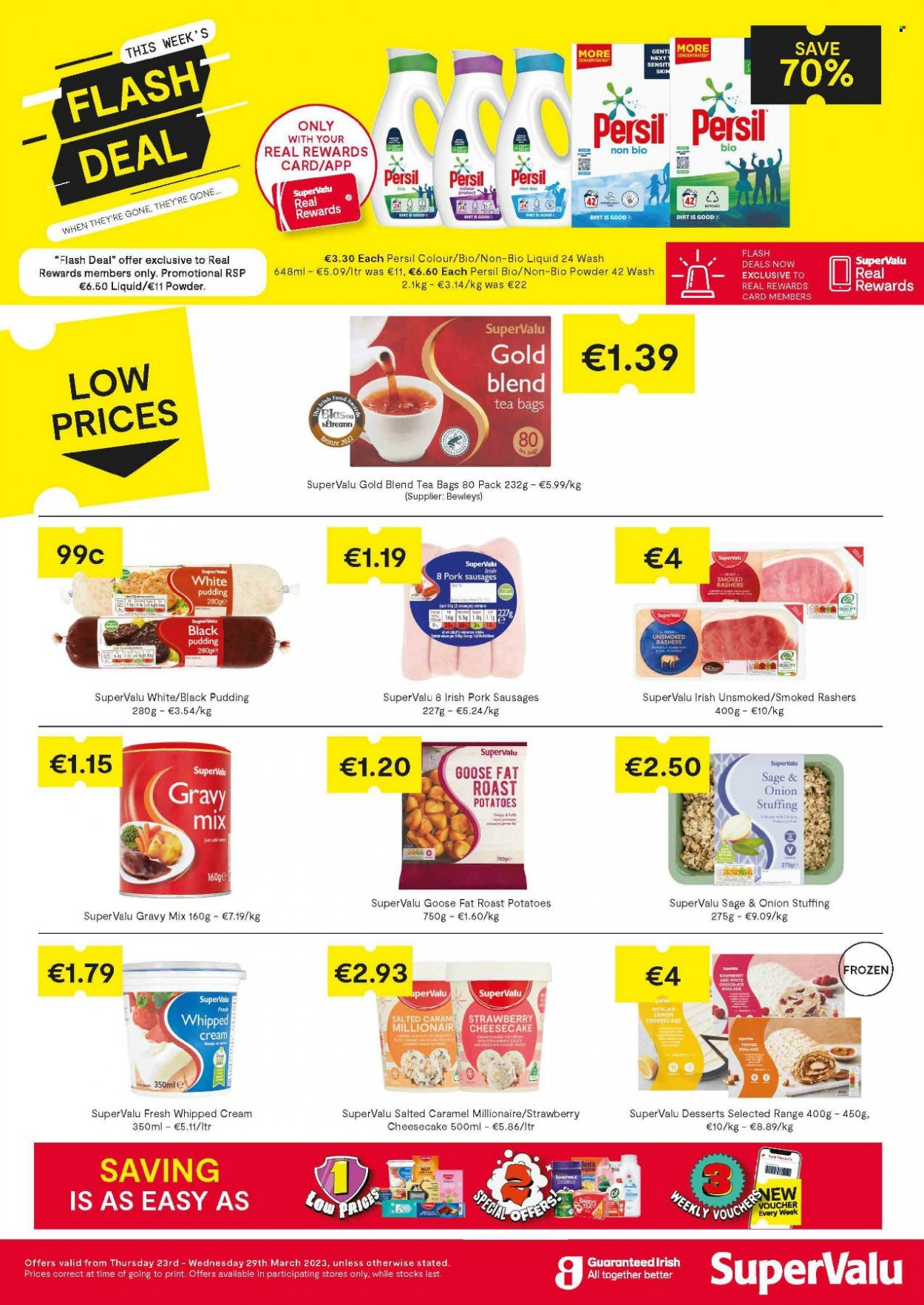 thumbnail - SuperValu offer  - 23.03.2023 - 29.03.2023 - Sales products - cheesecake, potatoes, roast, black pudding, sausage, goose fat, whipped cream, gravy mix, tea bags, Persil. Page 2.