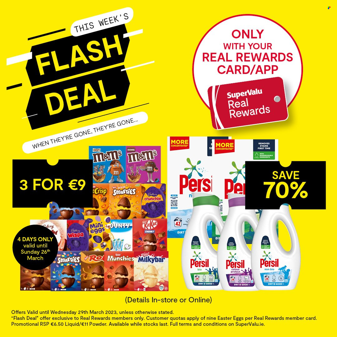 thumbnail - SuperValu offer  - 23.03.2023 - 29.03.2023 - Sales products - brownies, easter egg, M&M's, Smarties, KitKat, Cadbury, Milkybar, Persil. Page 1.
