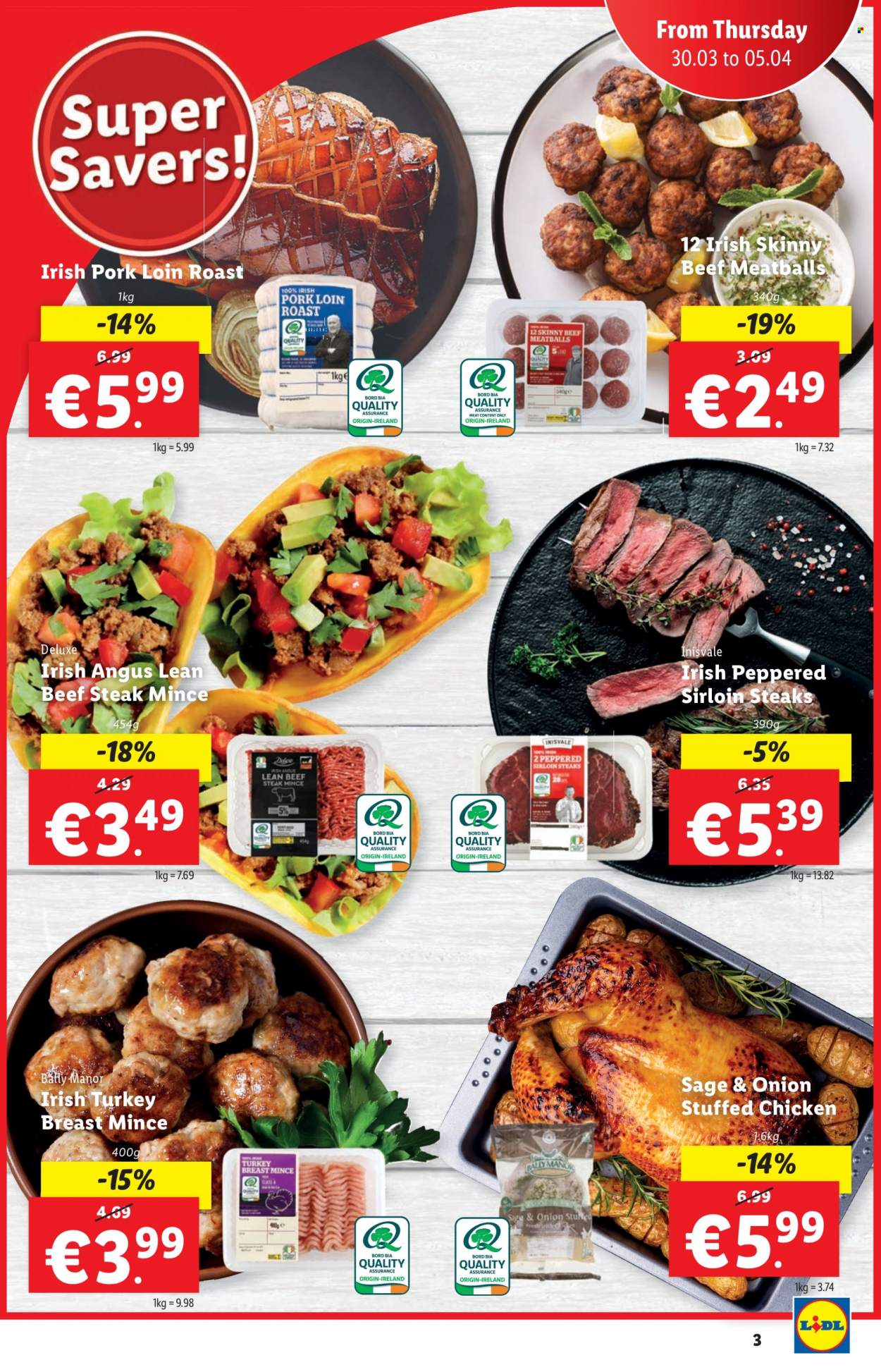 thumbnail - Lidl offer  - 30.03.2023 - 05.04.2023 - Sales products - meatballs, stuffed chicken, roast, turkey breast, chicken, beef meat, beef steak, steak, sirloin steak, pork loin, pork meat. Page 3.
