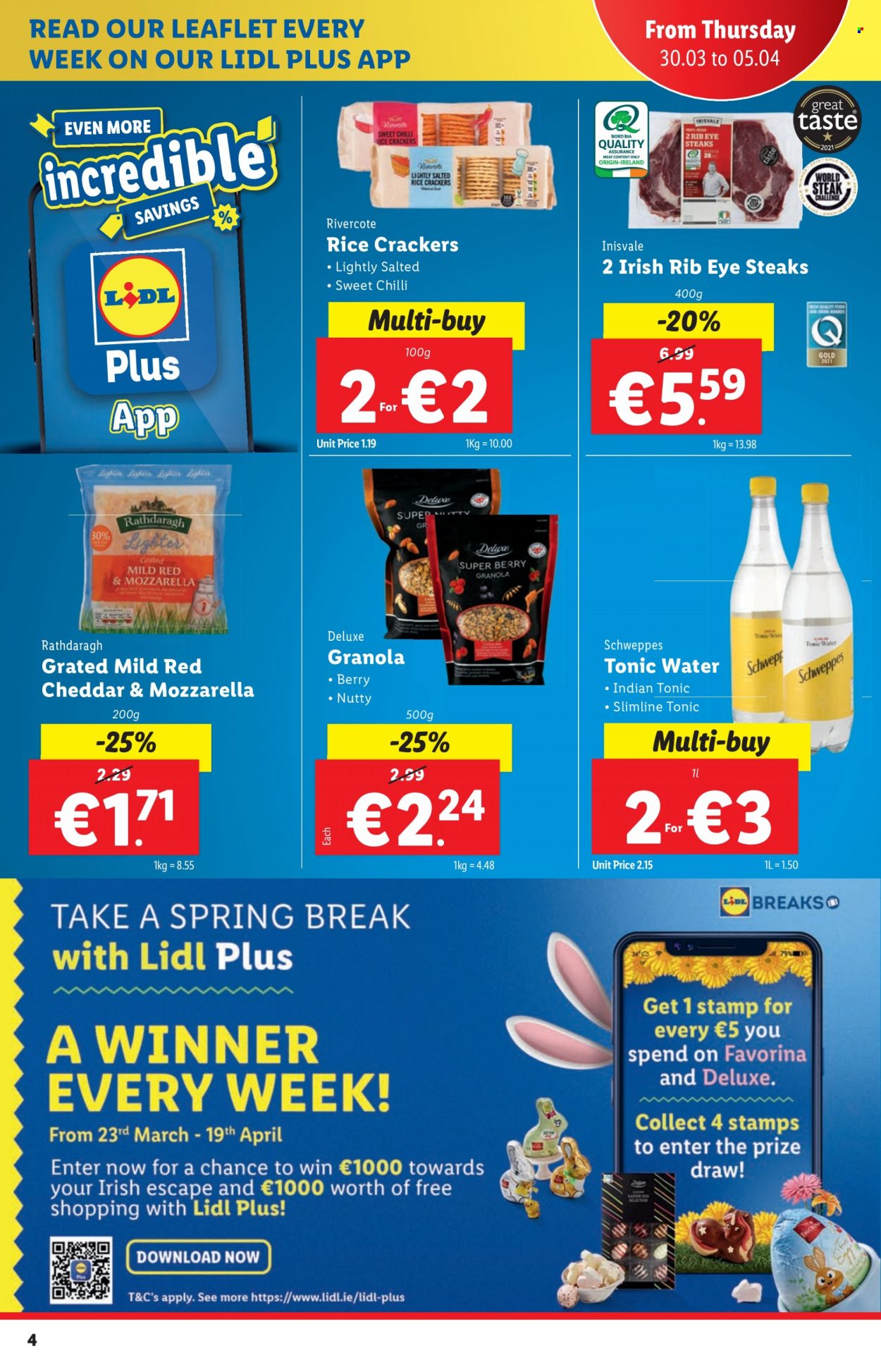 thumbnail - Lidl offer  - 30.03.2023 - 05.04.2023 - Sales products - mozzarella, cheddar, cheese, crackers, rice crackers, granola, Schweppes, tonic, beef meat, steak, TV. Page 4.