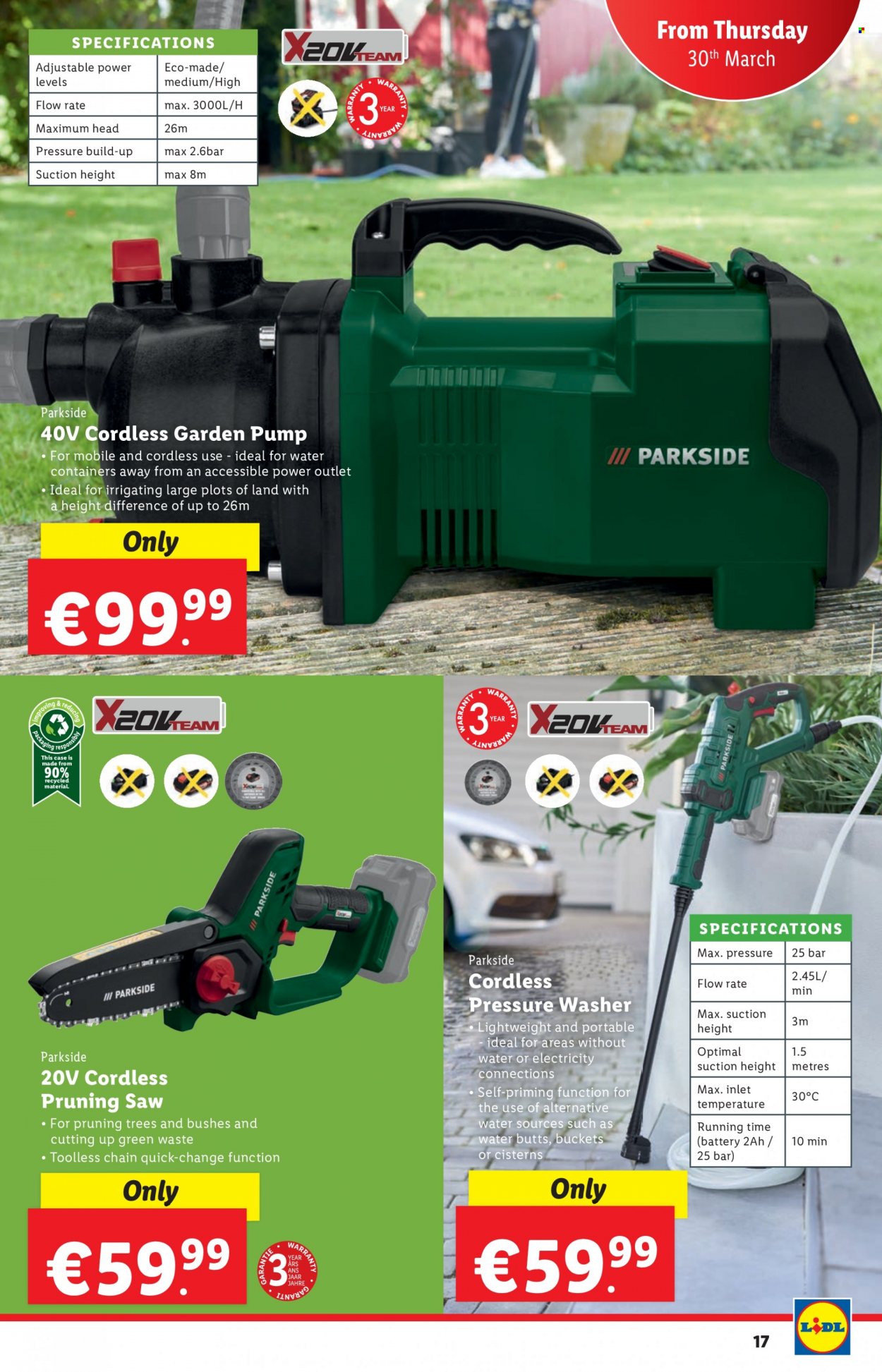 thumbnail - Lidl offer  - 30.03.2023 - 05.04.2023 - Sales products - water, battery, Parkside, saw, pressure washer. Page 17.