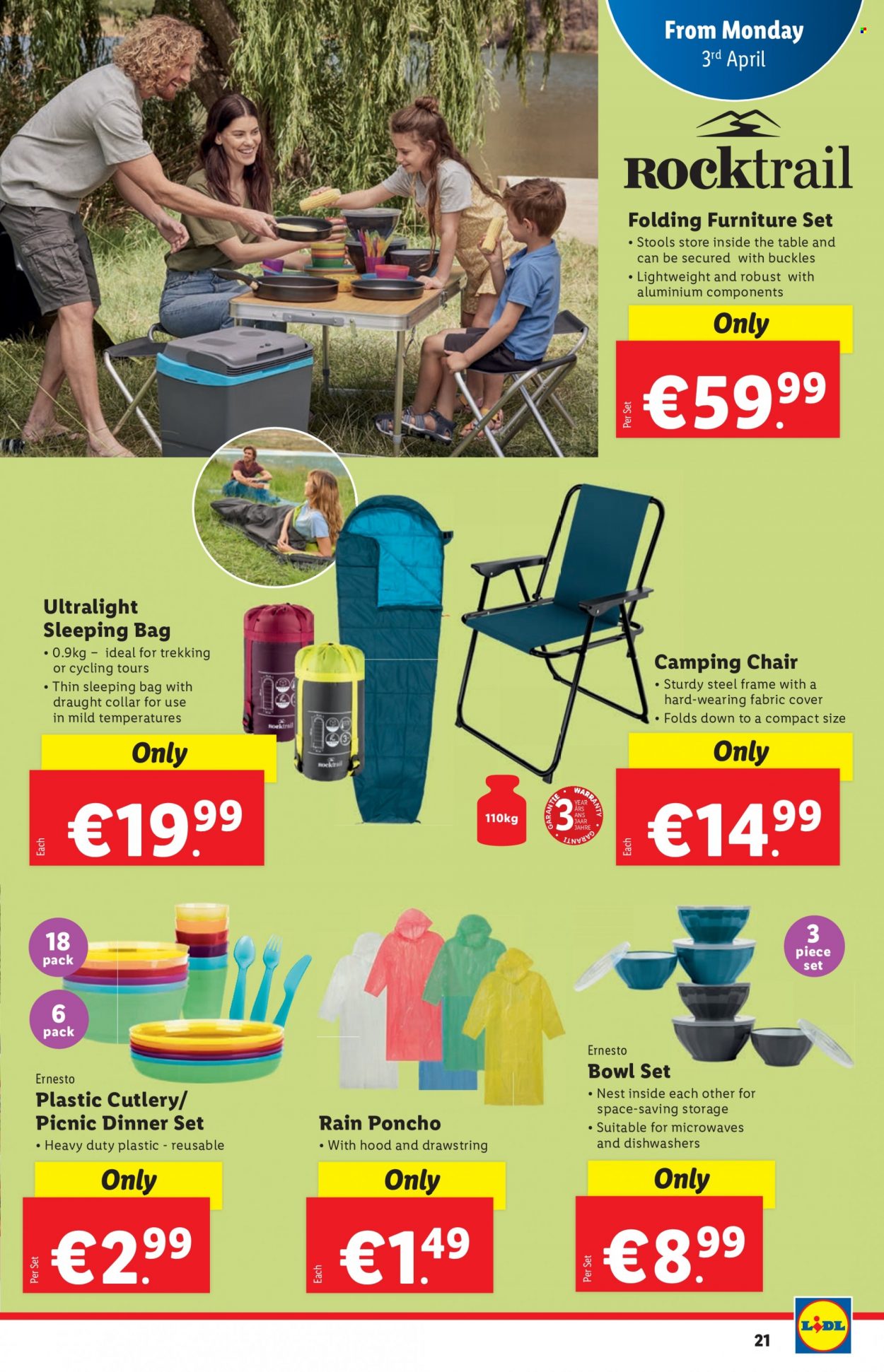 thumbnail - Lidl offer  - 30.03.2023 - 05.04.2023 - Sales products - chair, Ernesto, dinnerware set, disposable cutlery, bowl set, bowl, sleeping bag, camping chair. Page 21.