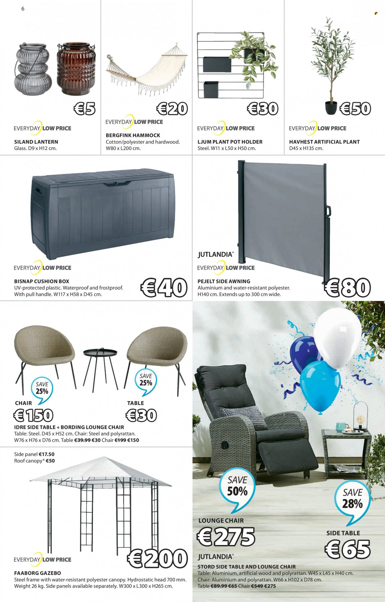 thumbnail - JYSK offer  - 23.03.2023 - 05.04.2023 - Sales products - table, chair, lounge, sidetable, cushion, lantern, artificial plant, pot, plant pot, hammock. Page 6.