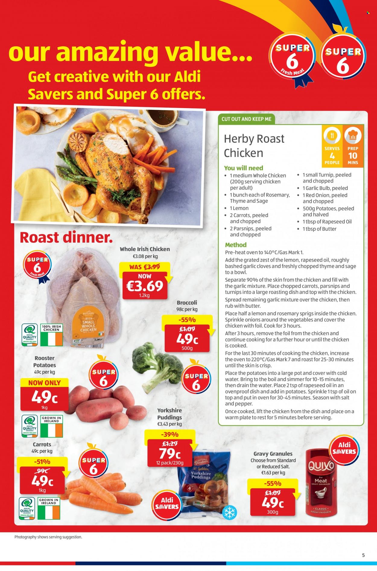 thumbnail - Aldi offer  - 30.03.2023 - 05.04.2023 - Sales products - broccoli, garlic, potatoes, parsnips, onion, chicken roast, roast, pudding, gravy granules, rosemary, pepper, cloves, water, whole chicken, chicken, plate, pot, bulb, turnips. Page 5.