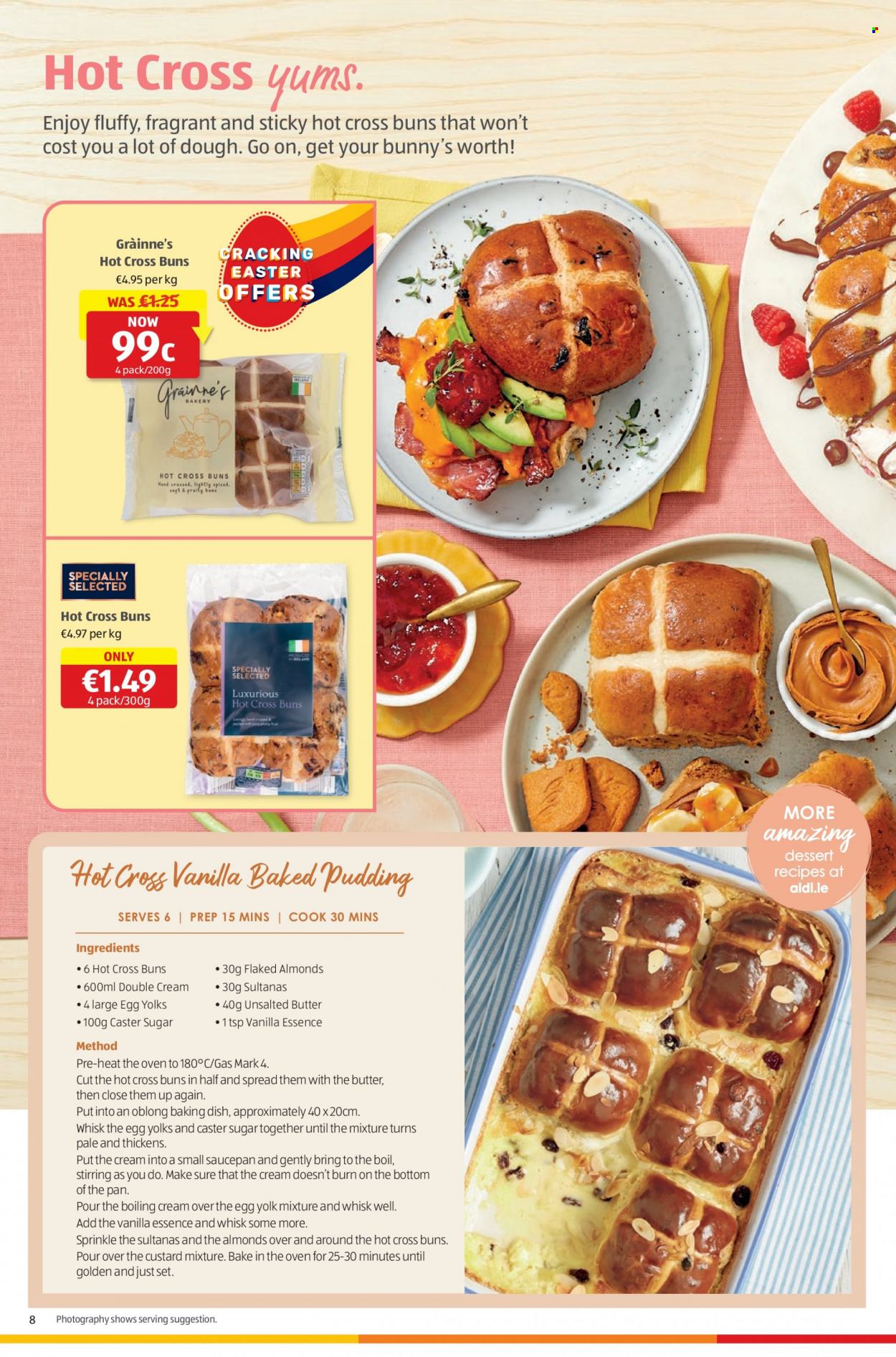 thumbnail - Aldi offer  - 30.03.2023 - 05.04.2023 - Sales products - buns, custard, pudding, eggs, caster sugar, almonds, dried fruit, pan, saucepan. Page 8.