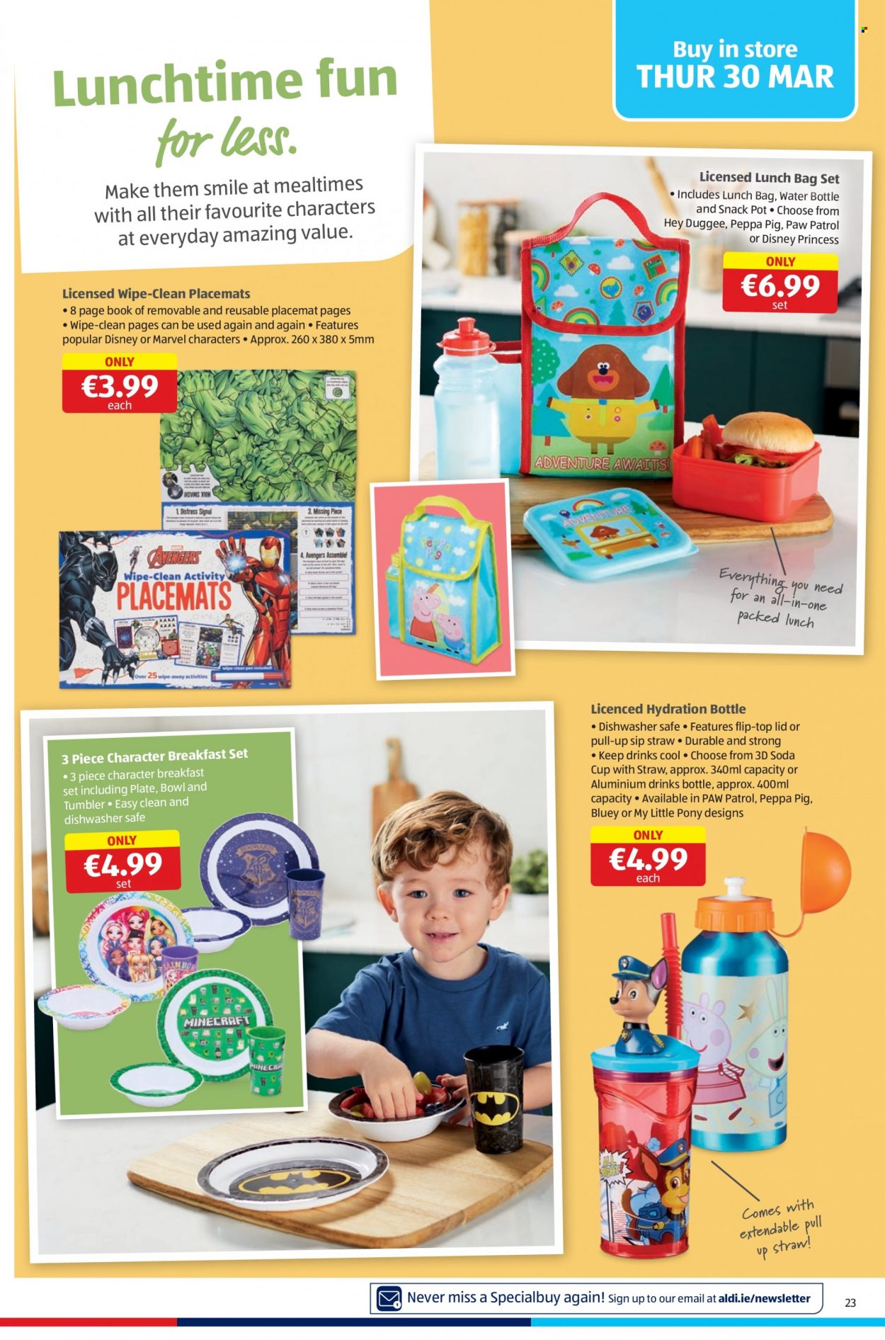 thumbnail - Aldi offer  - 30.03.2023 - 05.04.2023 - Sales products - Paw Patrol, snack, soda, water, Marvel, Peppa Pig, lid, tumbler, plate, pot, drink bottle, cup, straw, bowl, book, placemat, My Little Pony, princess. Page 23.