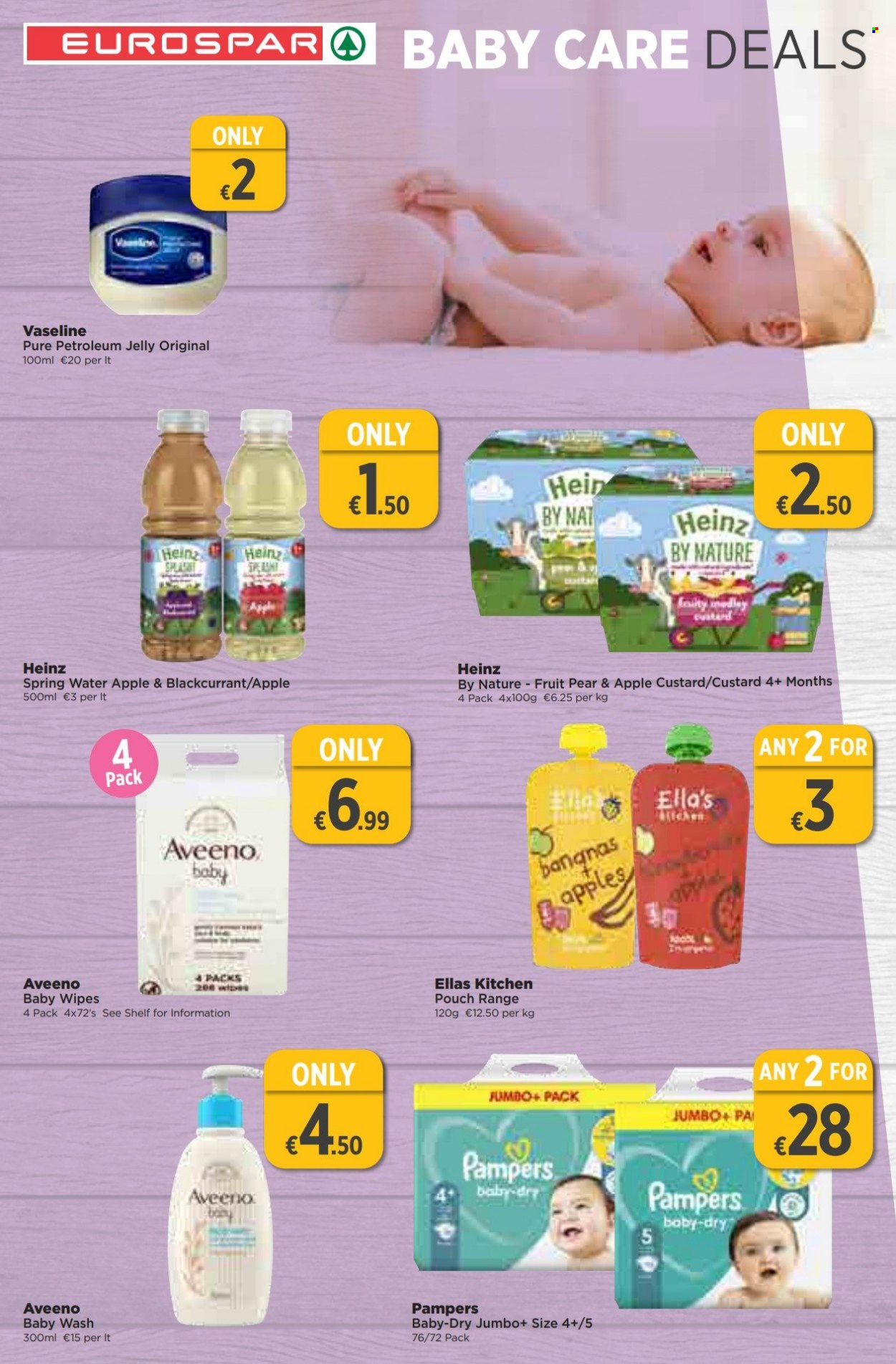 thumbnail - EUROSPAR offer  - 23.03.2023 - 12.04.2023 - Sales products - custard, Heinz, spring water, water, wipes, Pampers, baby wipes, Aveeno, petroleum jelly, Vaseline. Page 11.