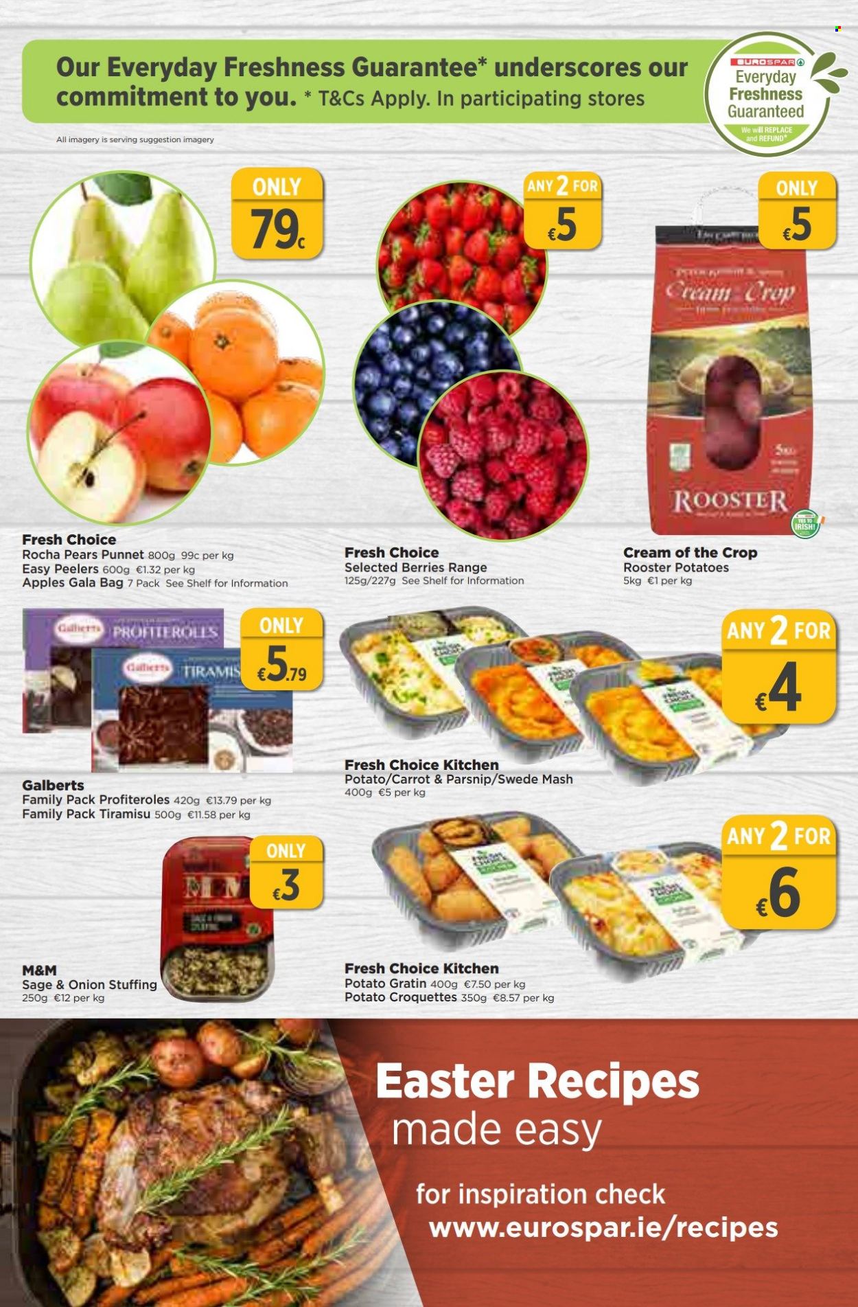 thumbnail - EUROSPAR offer  - 23.03.2023 - 12.04.2023 - Sales products - tiramisu, potatoes, Gala, pears, apples, Fresh Choice Kitchen, potato croquettes, M&M's. Page 3.