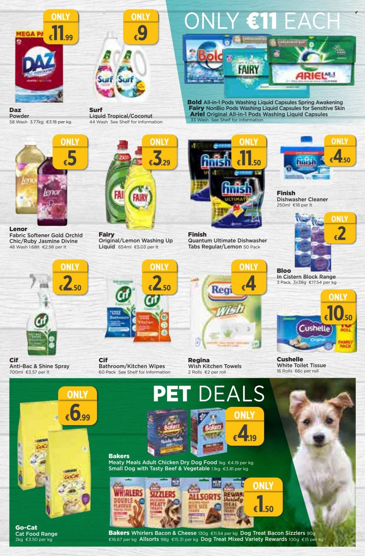 thumbnail - EUROSPAR offer  - 23.03.2023 - 12.04.2023 - Sales products - coconut, bacon, chicken, wipes, toilet paper, kitchen towels, Cushelle, cleaner, Fairy, Cif, fabric softener, Ariel, Surf, Daz Powder, Lenor, dishwashing liquid, dishwasher cleaner, Finish Powerball, Finish Quantum Ultimate, animal food, dry dog food, cat food, dog food, Go-Cat, Bakers. Page 13.