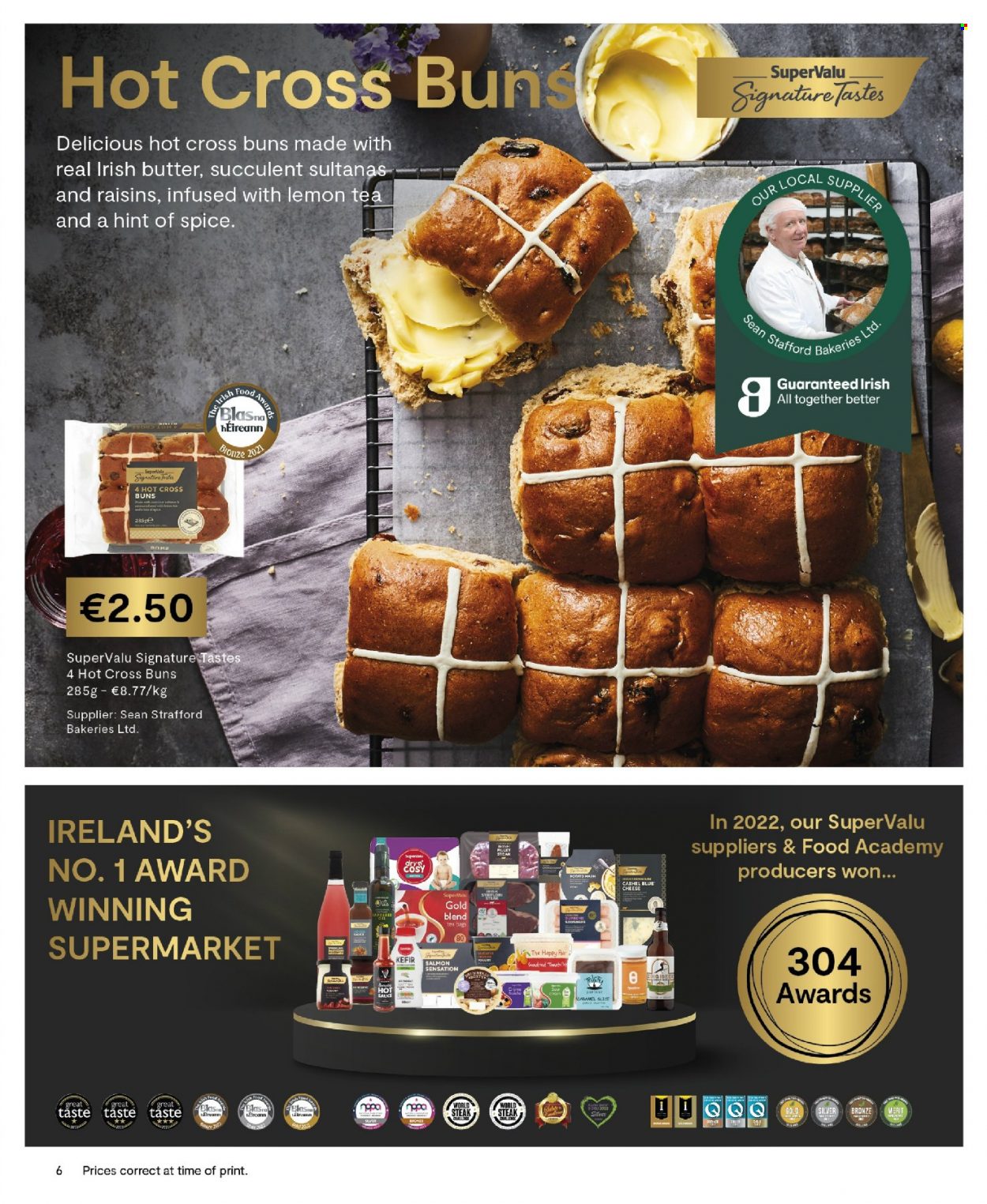 thumbnail - SuperValu offer  - 01.03.2023 - 30.04.2023 - Sales products - buns, pears, salmon, sauce, blue cheese, cheese, kefir, irish butter, dried tomatoes, spice, sultanas, tea bags, steak. Page 6.