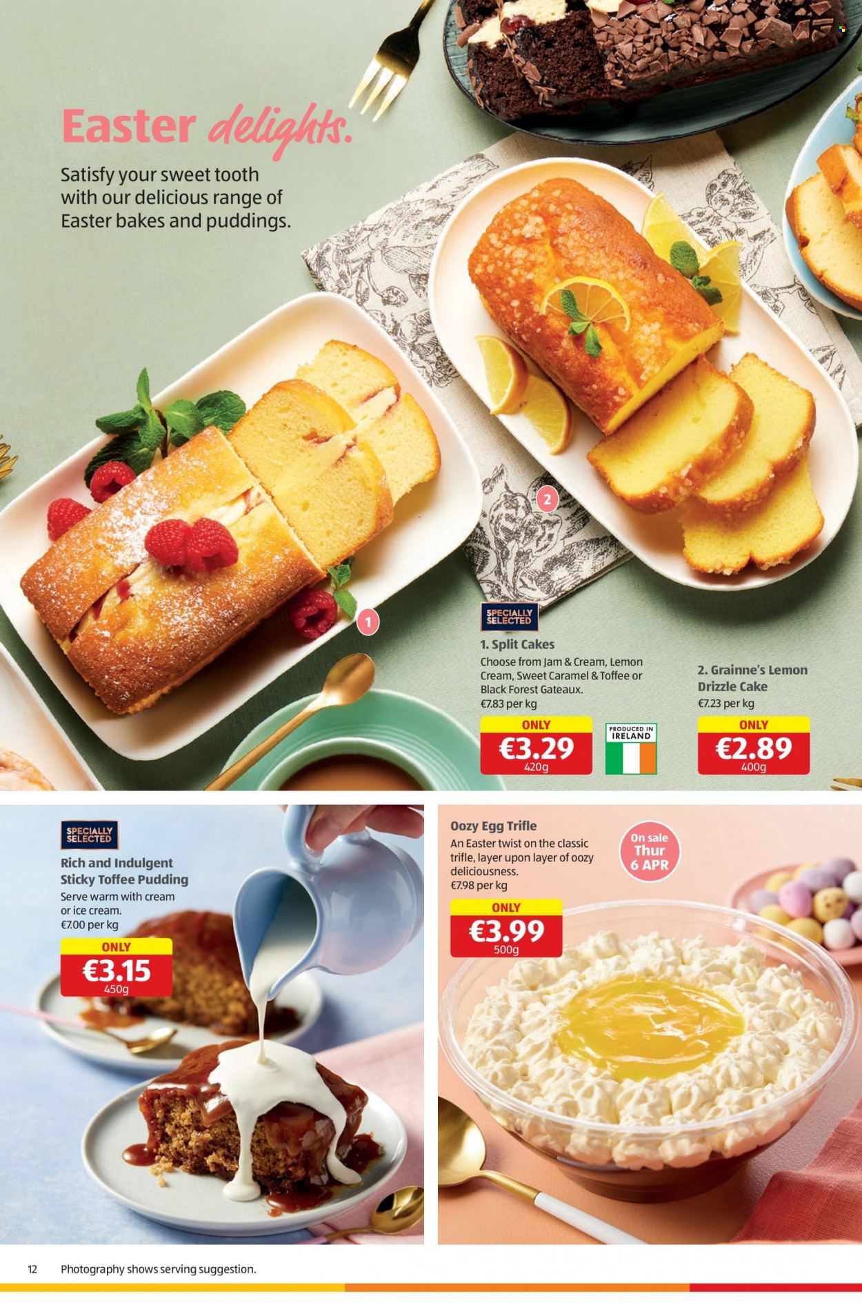 thumbnail - Aldi offer  - Sales products - cake, trifle, pudding, eggs, ice cream, toffee, caramel, fruit jam. Page 12.