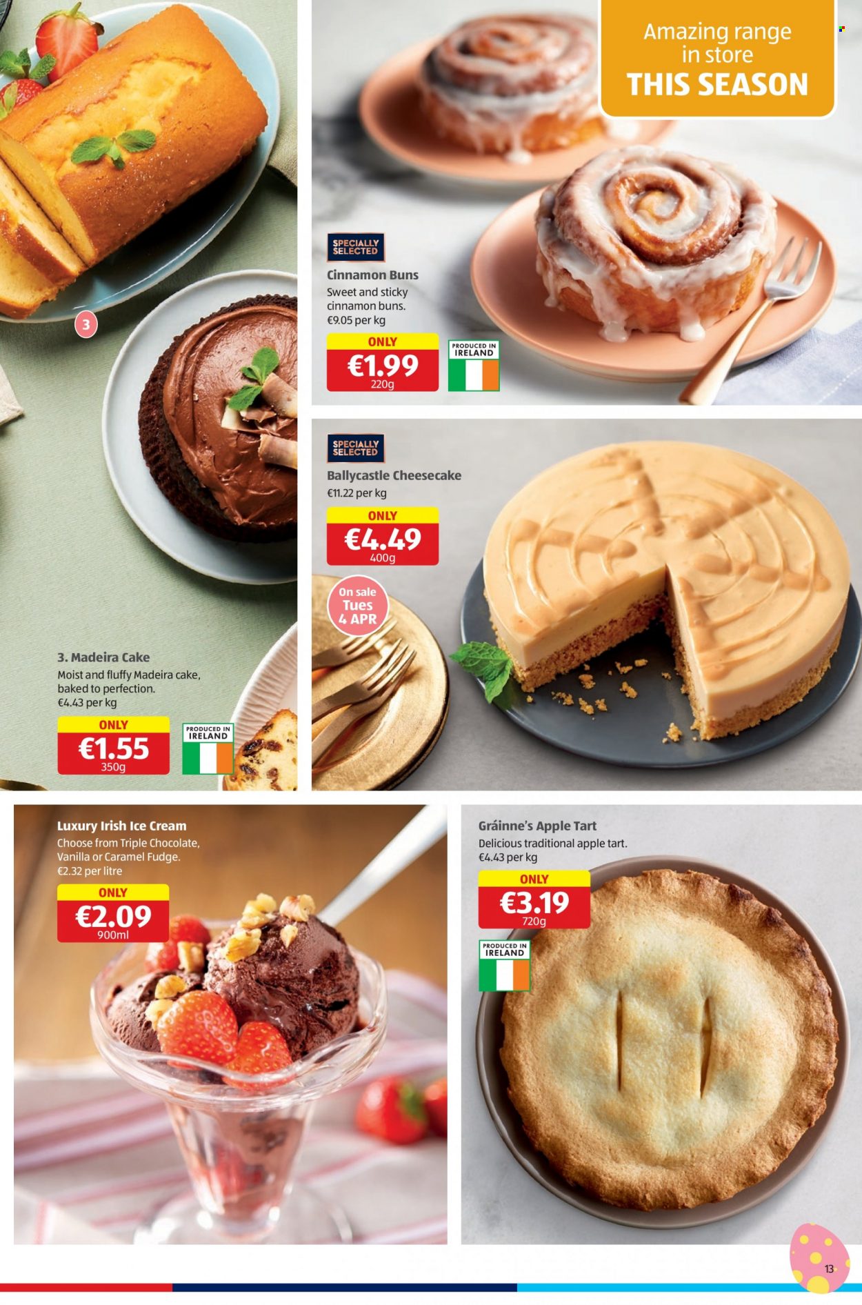 thumbnail - Aldi offer  - Sales products - cake, tart, buns, madeira cake, ice cream, fudge, cinnamon. Page 13.