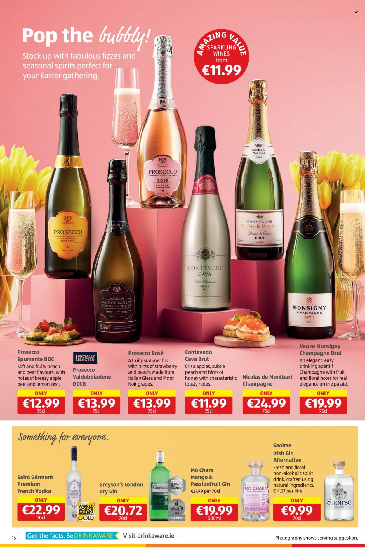 thumbnail - Aldi offer  - Sales products - grapes, pears, apples, honey, red wine, sparkling wine, spumante, champagne, prosecco, wine, rosé wine, gin, vodka, aperitif. Page 16.