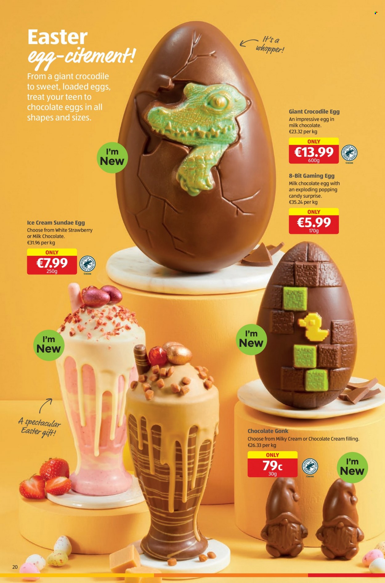 thumbnail - Aldi offer  - Sales products - ice cream, milk chocolate, easter egg, chocolate egg, Candy, cocoa, crocodile. Page 20.