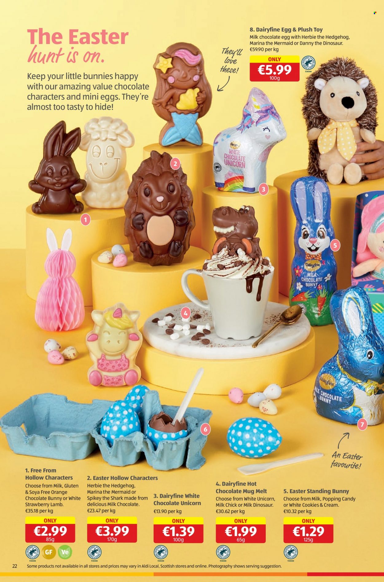 thumbnail - Aldi offer  - Sales products - oranges, cookies, milk chocolate, chocolate egg, chocolate bunny, Candy, hot chocolate, mug, toys, dinosaur. Page 22.