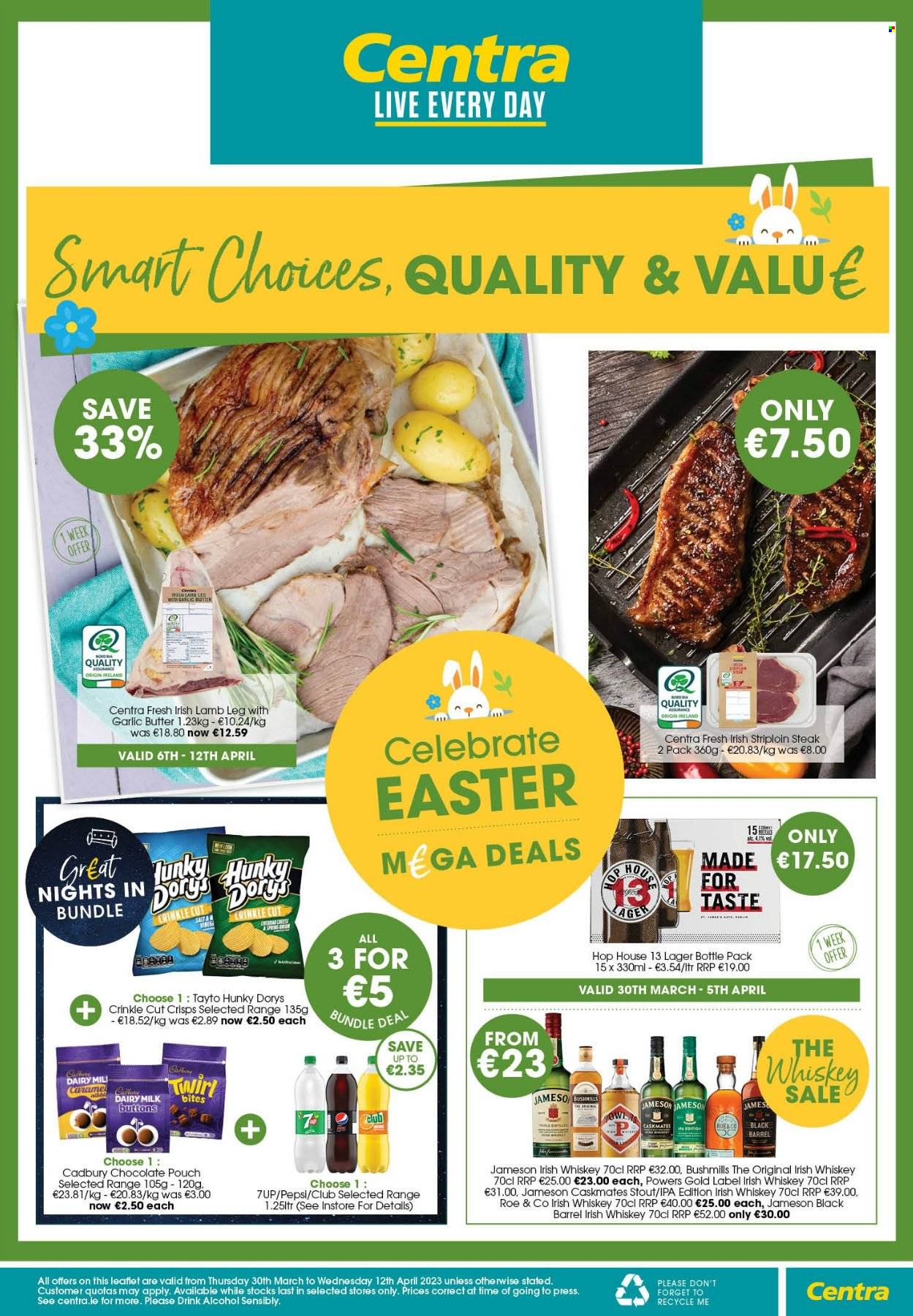 thumbnail - Centra offer  - 30.03.2023 - 12.04.2023 - Sales products - cheddar, cheese, chocolate, Cadbury, Dairy Milk, Tayto, Pepsi, 7UP, alcohol, whiskey, irish whiskey, Jameson, whisky, beer, Lager, IPA, beef meat, steak, striploin steak, lamb meat, lamb leg. Page 1.