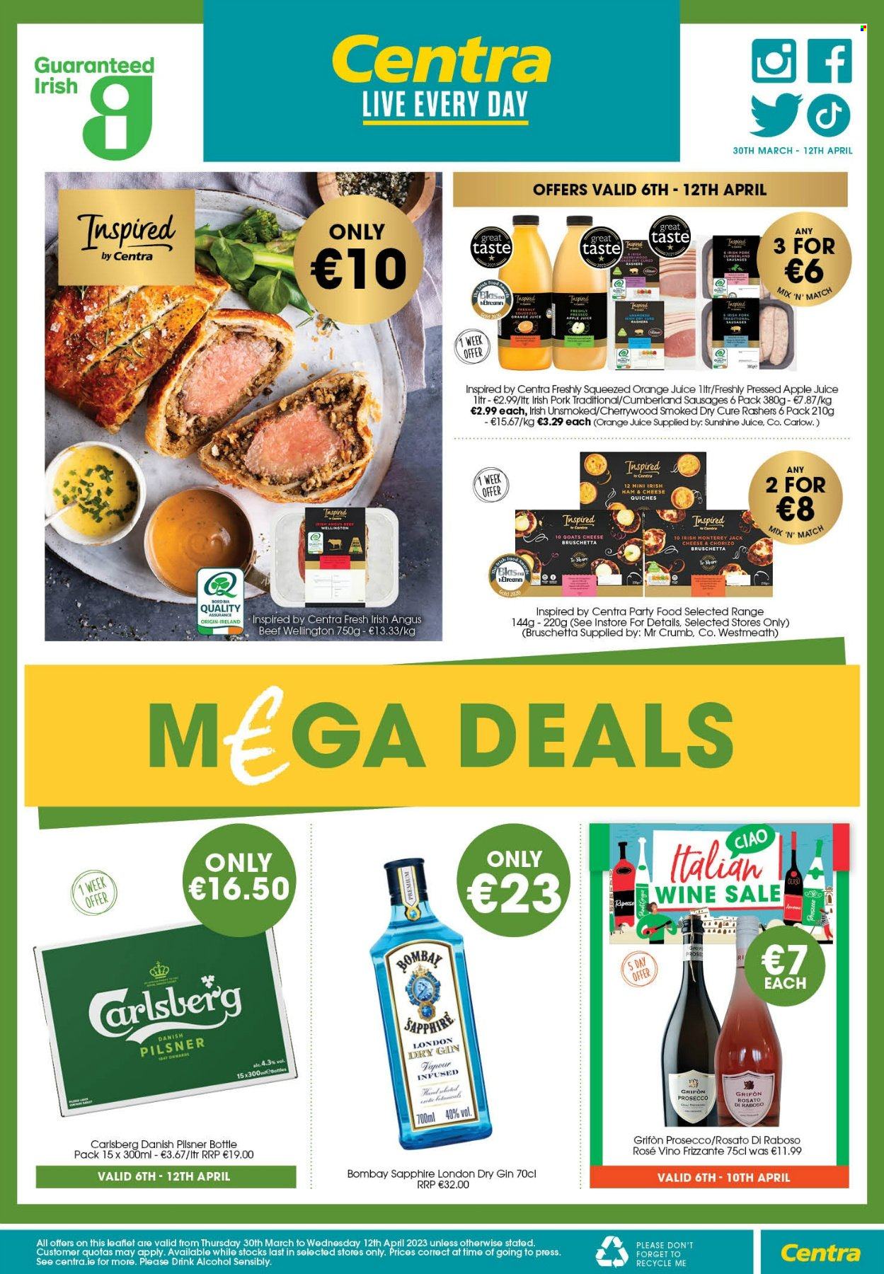thumbnail - Centra offer  - 30.03.2023 - 12.04.2023 - Sales products - bruschetta, beef wellington, ham, sausage, Monterey Jack cheese, Sunshine, apple juice, orange juice, juice, prosecco, wine, alcohol, rosé wine, gin, beer, Carlsberg, beef meat. Page 10.