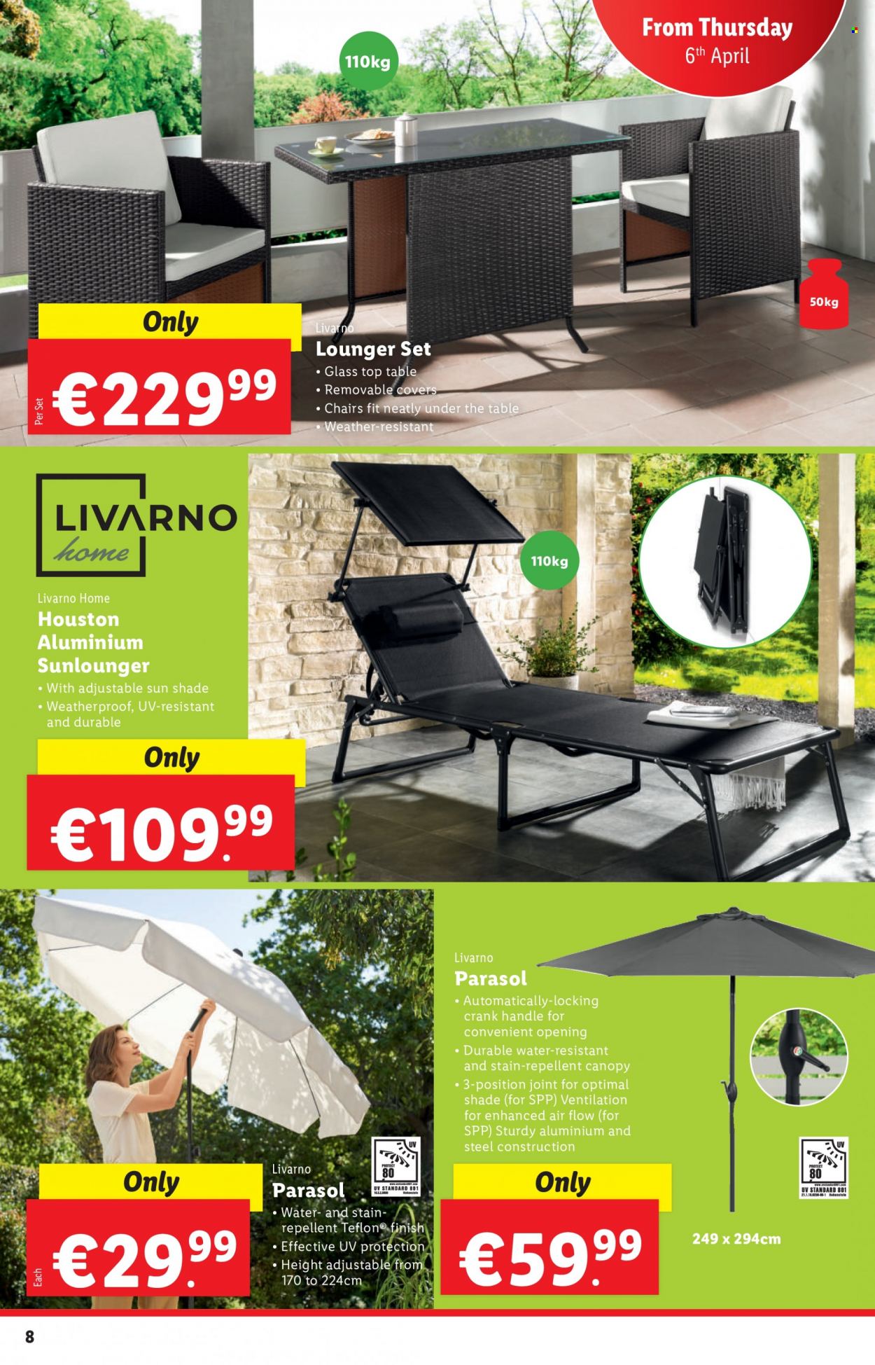 thumbnail - Lidl offer  - 06.04.2023 - 12.04.2023 - Sales products - chair, water, repellent, sun shade. Page 8.
