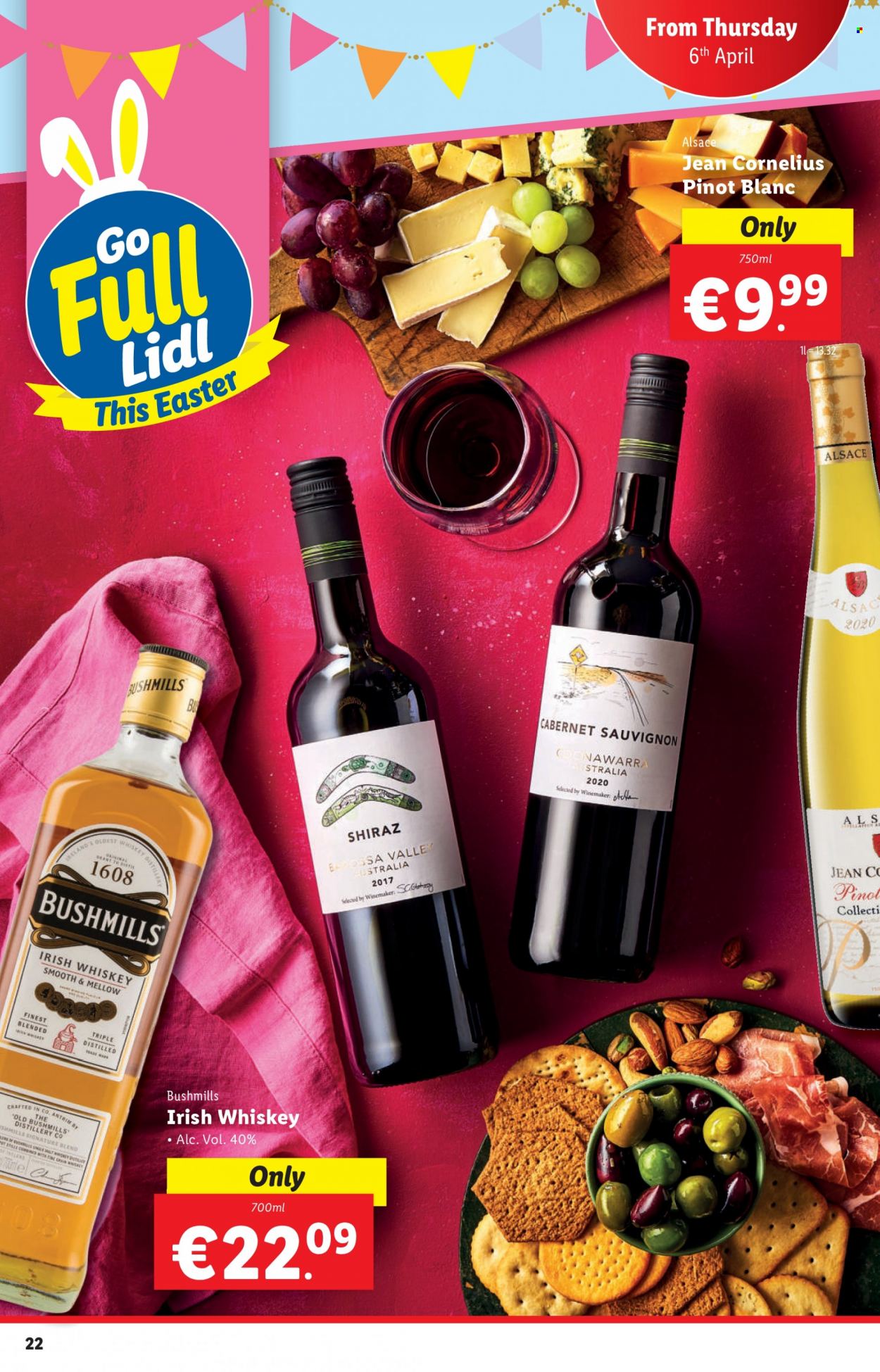 thumbnail - Lidl offer  - 06.04.2023 - 12.04.2023 - Sales products - malt, Cabernet Sauvignon, red wine, white wine, wine, Shiraz, whiskey, irish whiskey, whisky. Page 22.
