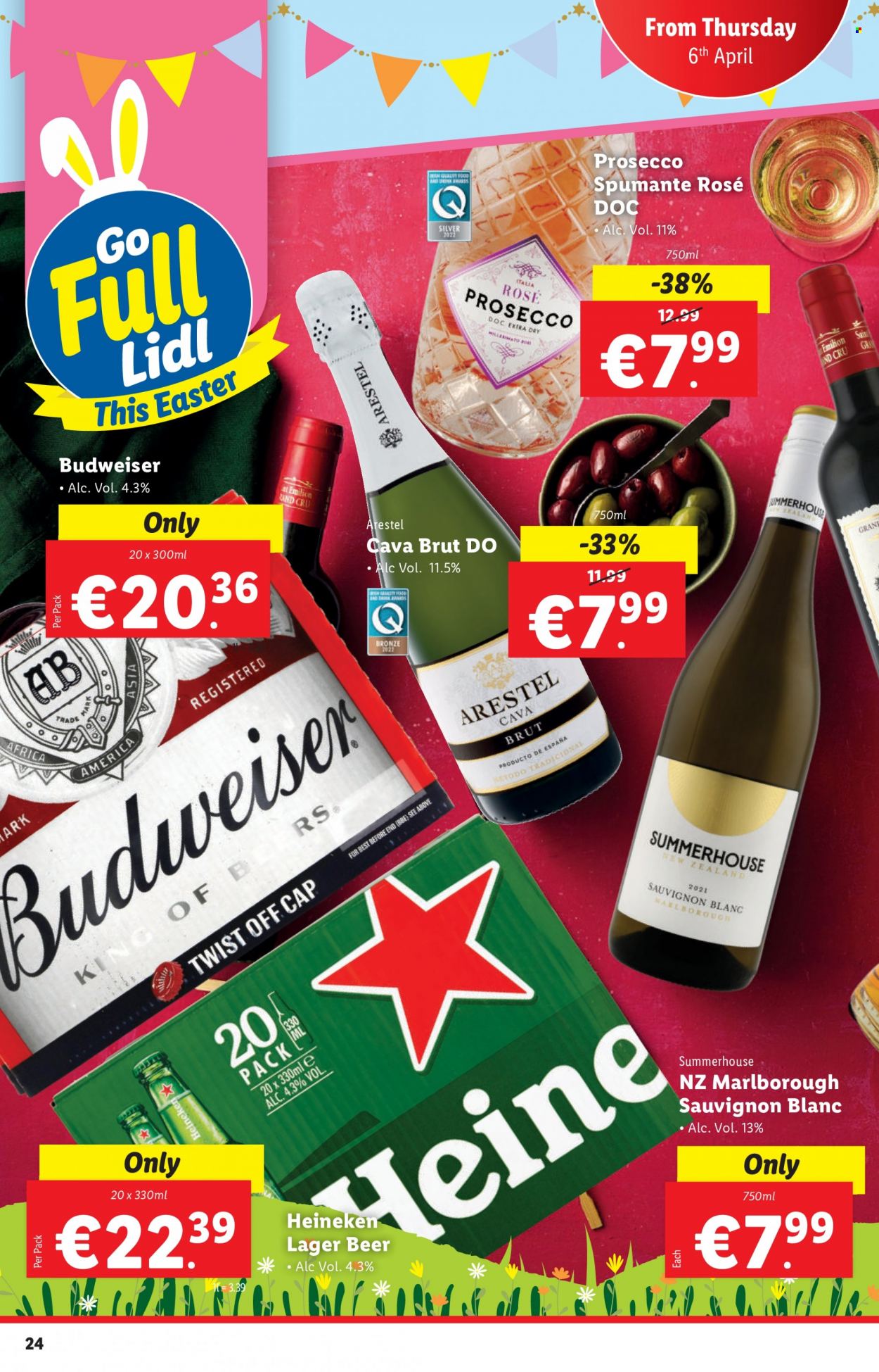 thumbnail - Lidl offer  - 06.04.2023 - 12.04.2023 - Sales products - sparkling wine, spumante, white wine, prosecco, wine, Sauvignon Blanc, rosé wine, beer, Heineken, Lager, Brut, cap, Budweiser. Page 24.