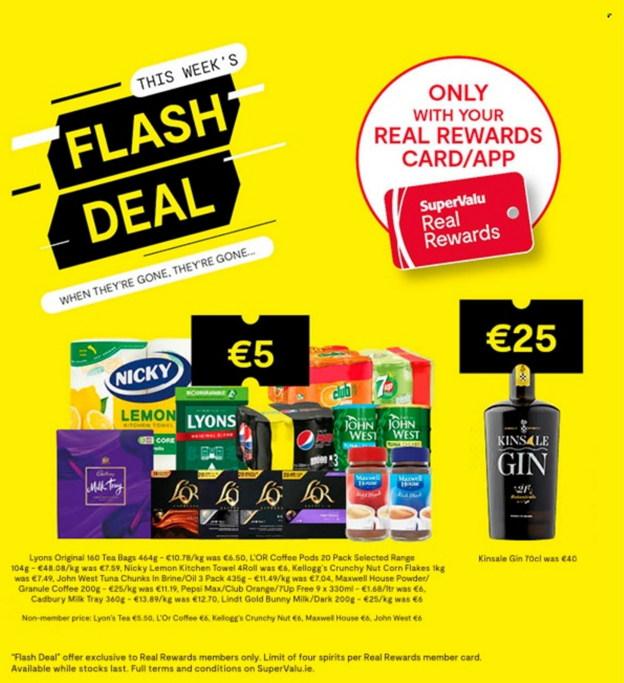 thumbnail - SuperValu offer  - 30.03.2023 - 12.04.2023 - Sales products - tuna, Lindt, Kellogg's, Milk Tray, Cadbury, corn flakes, oil, Pepsi, Pepsi Max, 7UP, Maxwell House, tea bags, Lyons, coffee, coffee pods, L'Or, gin, kitchen towels. Page 3.