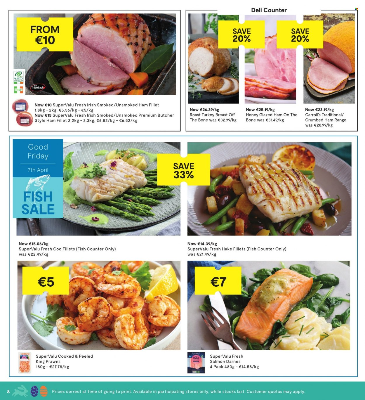 thumbnail - SuperValu offer  - 30.03.2023 - 12.04.2023 - Sales products - cod, salmon, hake, prawns, fish, roast, ham. Page 10.