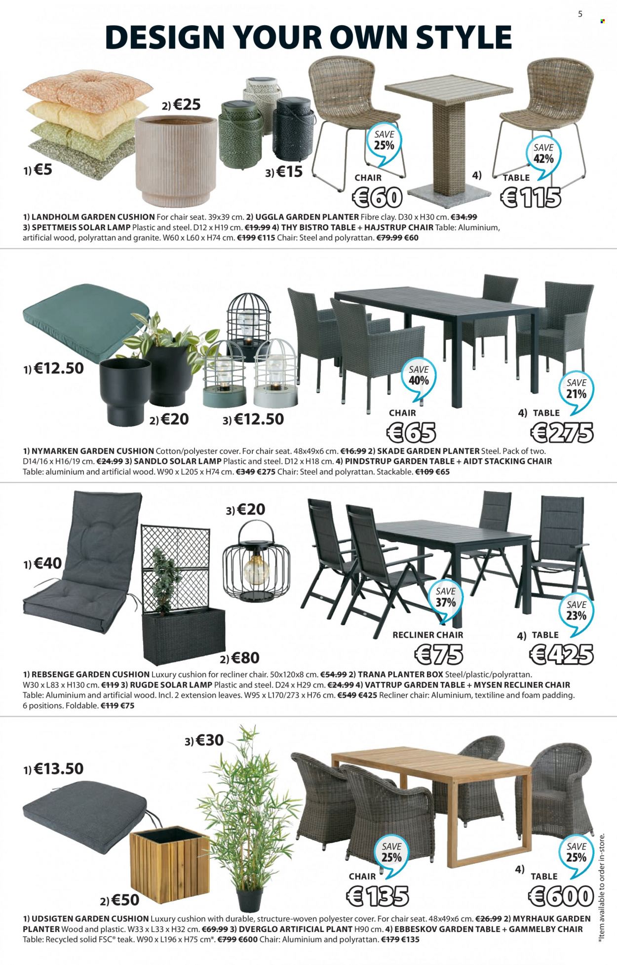 thumbnail - JYSK offer  - 30.03.2023 - 12.04.2023 - Sales products - table, chair, recliner chair, cushion, artificial plant, lamp, plant pot, planter box. Page 5.