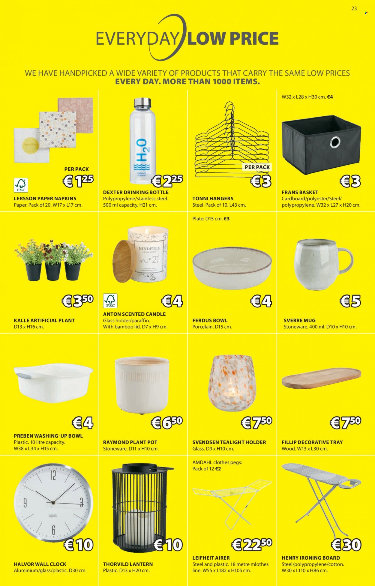 thumbnail - JYSK offer  - 30.03.2023 - 12.04.2023 - Sales products - lantern, tealight holder, artificial plant, basket, clock, hanger, ironing board, clothes peg, airer, lid, mug, tray, plate, pot, drink bottle, bowl, stoneware, paper, candle, tealight, napkins, plant pot. Page 23.