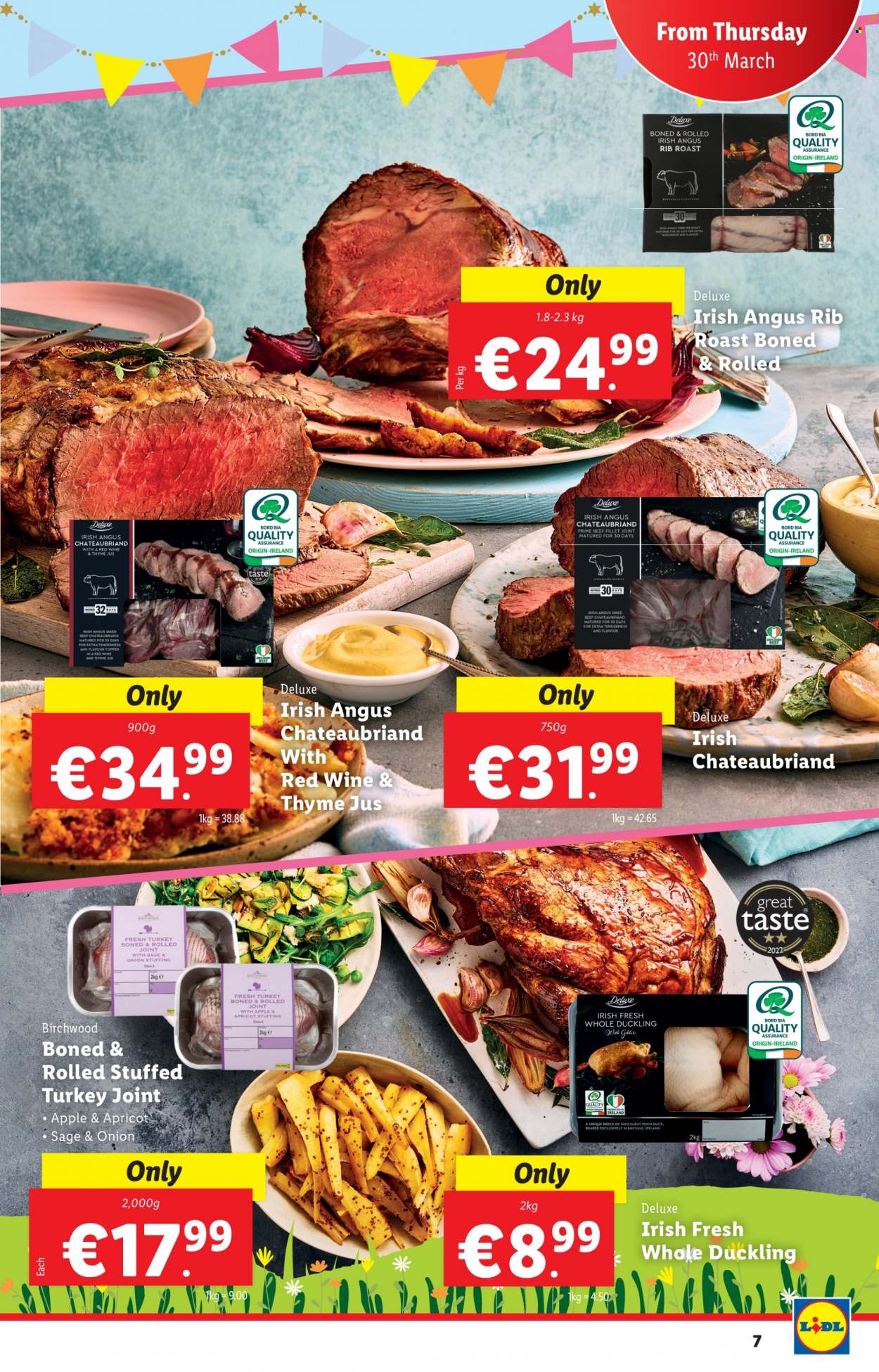 thumbnail - Lidl offer  - Sales products - roast, whole duckling, turkey joint, beef meat, beef tenderloin, succulent. Page 7.