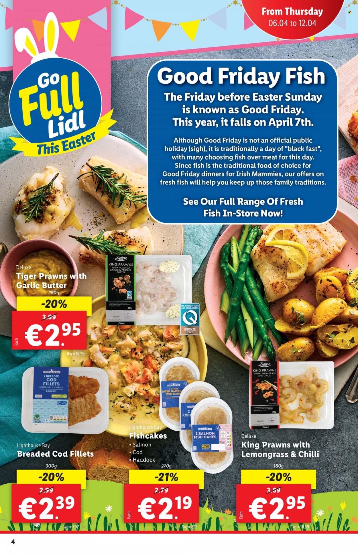 thumbnail - Lidl offer  - 06.04.2023 - 12.04.2023 - Sales products - parsley, cod, salmon, haddock, prawns, fish, fish cake, marinade, water, oven. Page 4.