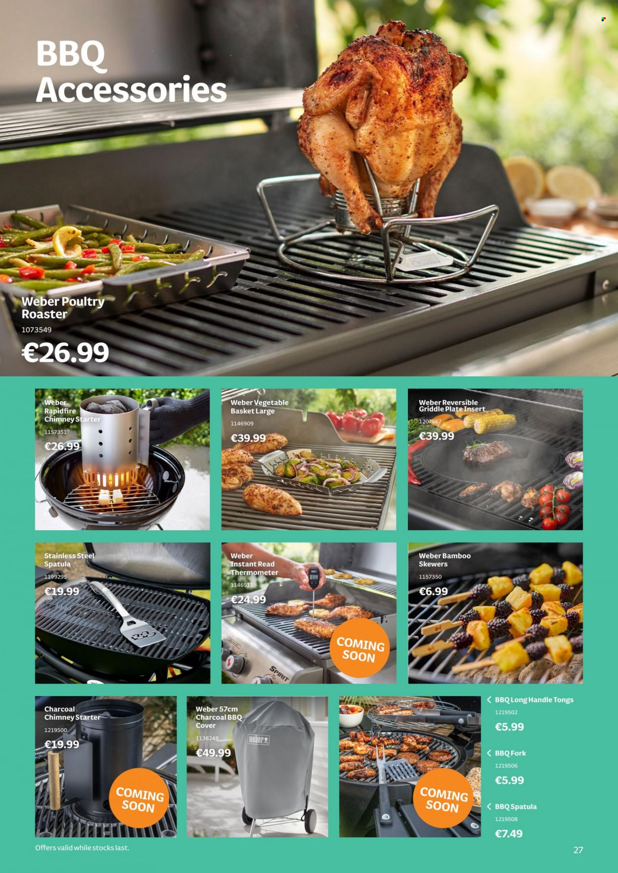 thumbnail - Woodie's offer  - Sales products - basket, thermometer, fork, spatula, plate, charcoal, tong, Weber. Page 27.
