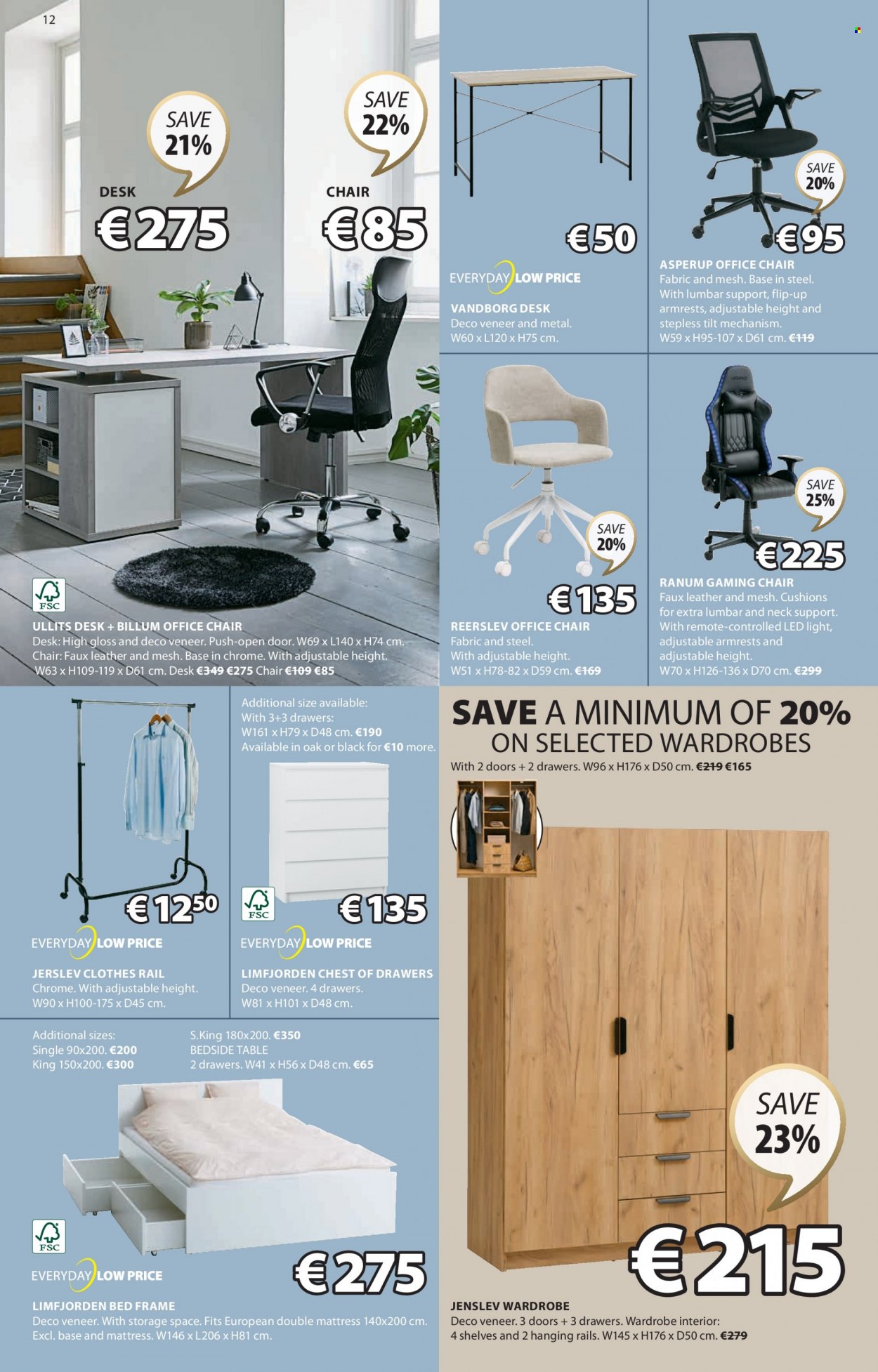 thumbnail - JYSK offer  - 27.04.2023 - 31.05.2023 - Sales products - table, chair, chest of drawers, wardrobes, bed, bed frame, mattress, wardrobe, bedside table, clothes rail, desk, office chair, game chair, cushion, LED light. Page 12.