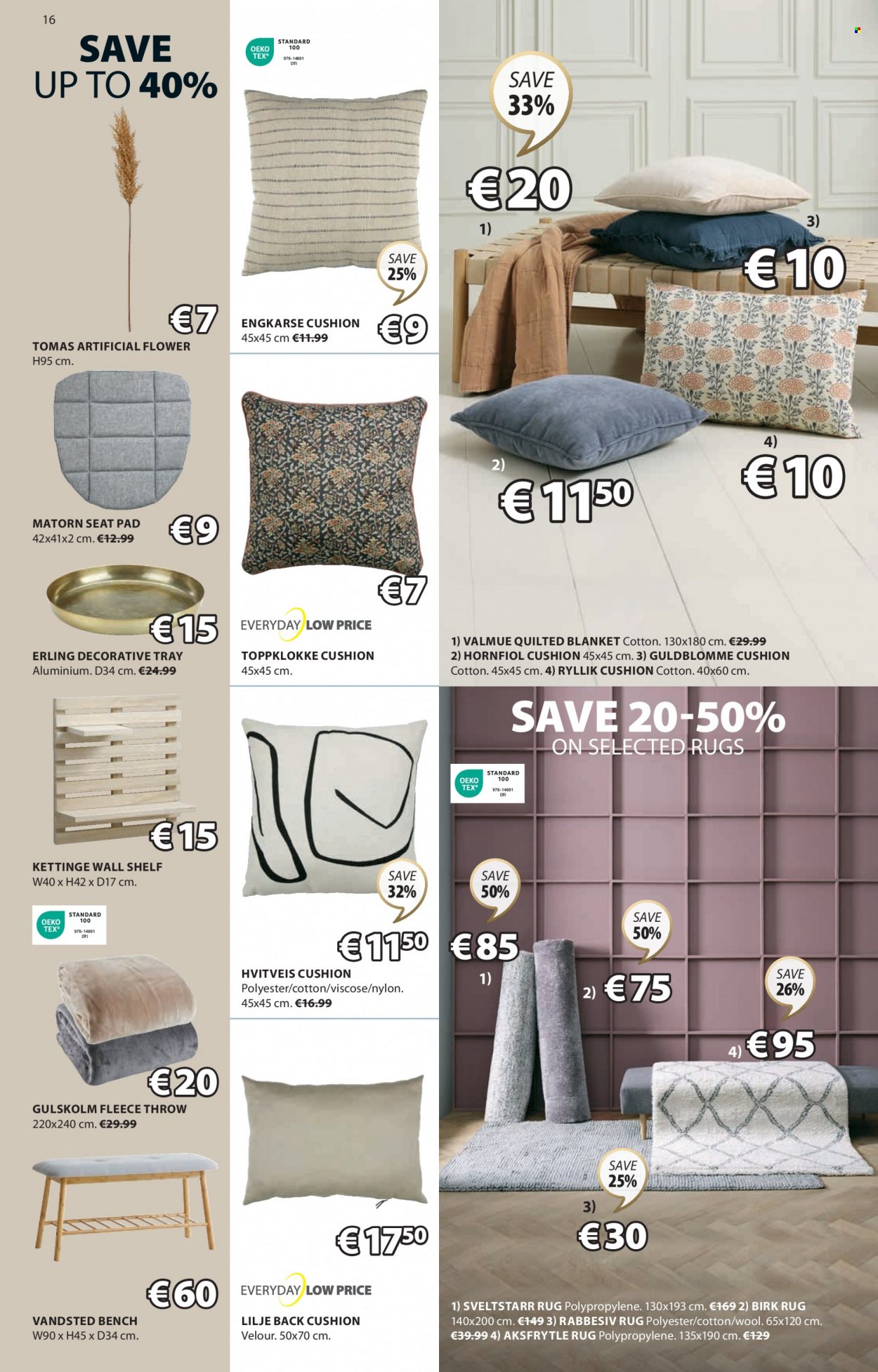 thumbnail - JYSK offer  - 27.04.2023 - 31.05.2023 - Sales products - bench, wall shelf, cushion, artificial flowers, tray, blanket, fleece throw, rug. Page 16.