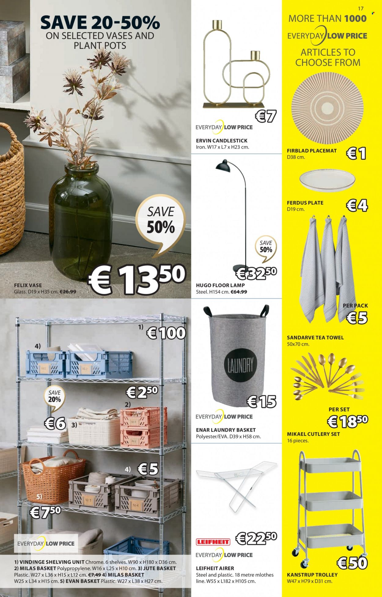 thumbnail - JYSK offer  - 27.04.2023 - 31.05.2023 - Sales products - trolley, shelves, shelf unit, candlestick, placemat, vase, basket, airer, plate, pot, cutlery set, tea towels, lamp, floor lamp. Page 17.