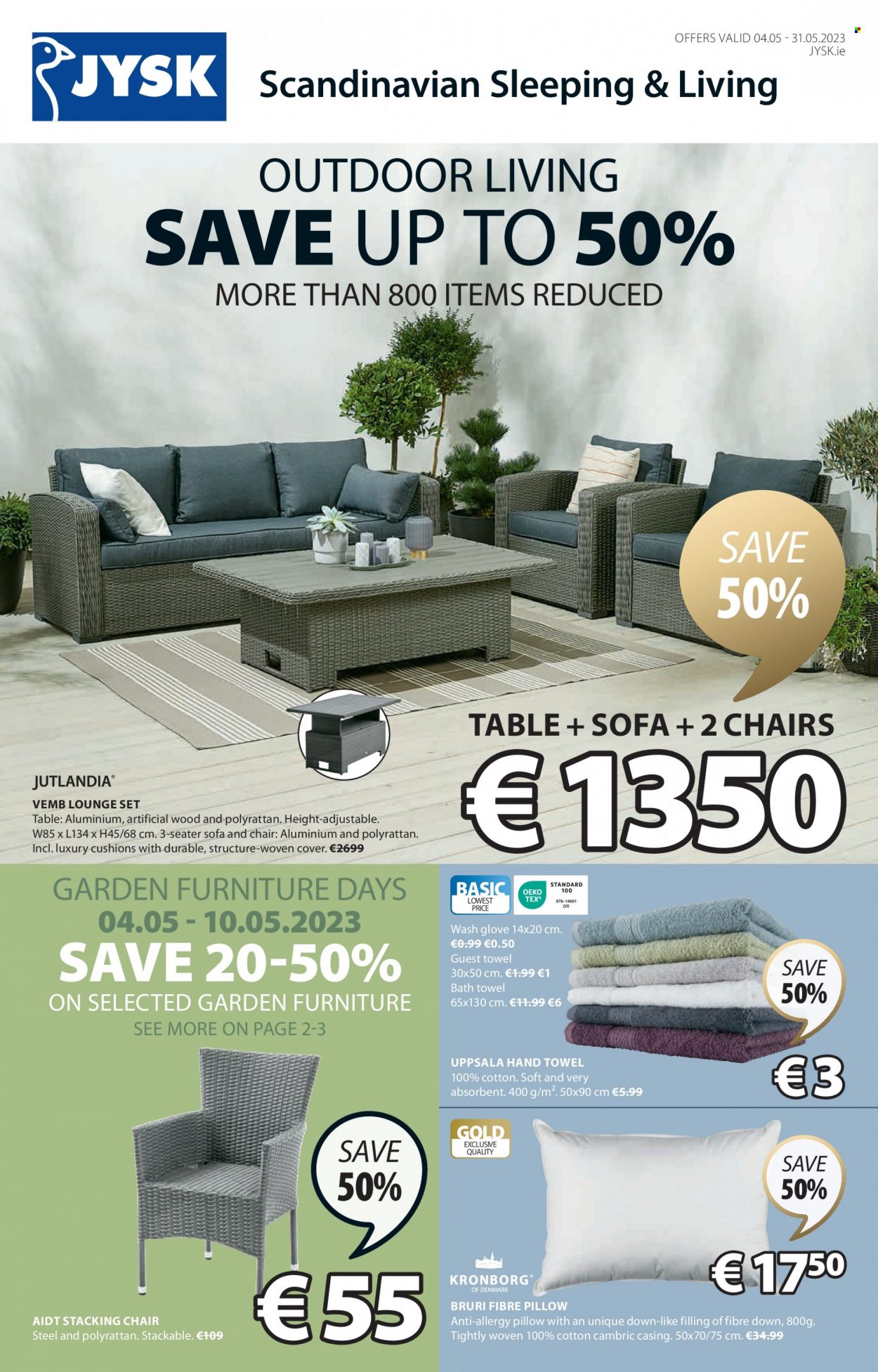 thumbnail - JYSK offer  - 04.05.2023 - 31.05.2023 - Sales products - table, chair, sofa, lounge, garden furniture, cushion, gloves, pillow, bath towel, towel, hand towel. Page 1.