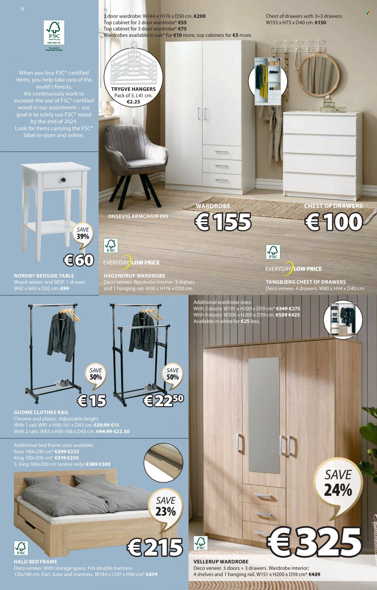 thumbnail - JYSK offer  - 04.05.2023 - 31.05.2023 - Sales products - cabinet, table, arm chair, chest of drawers, wardrobes, bed, bed frame, mattress, wardrobe, bedside table, clothes rail, hanger. Page 6.