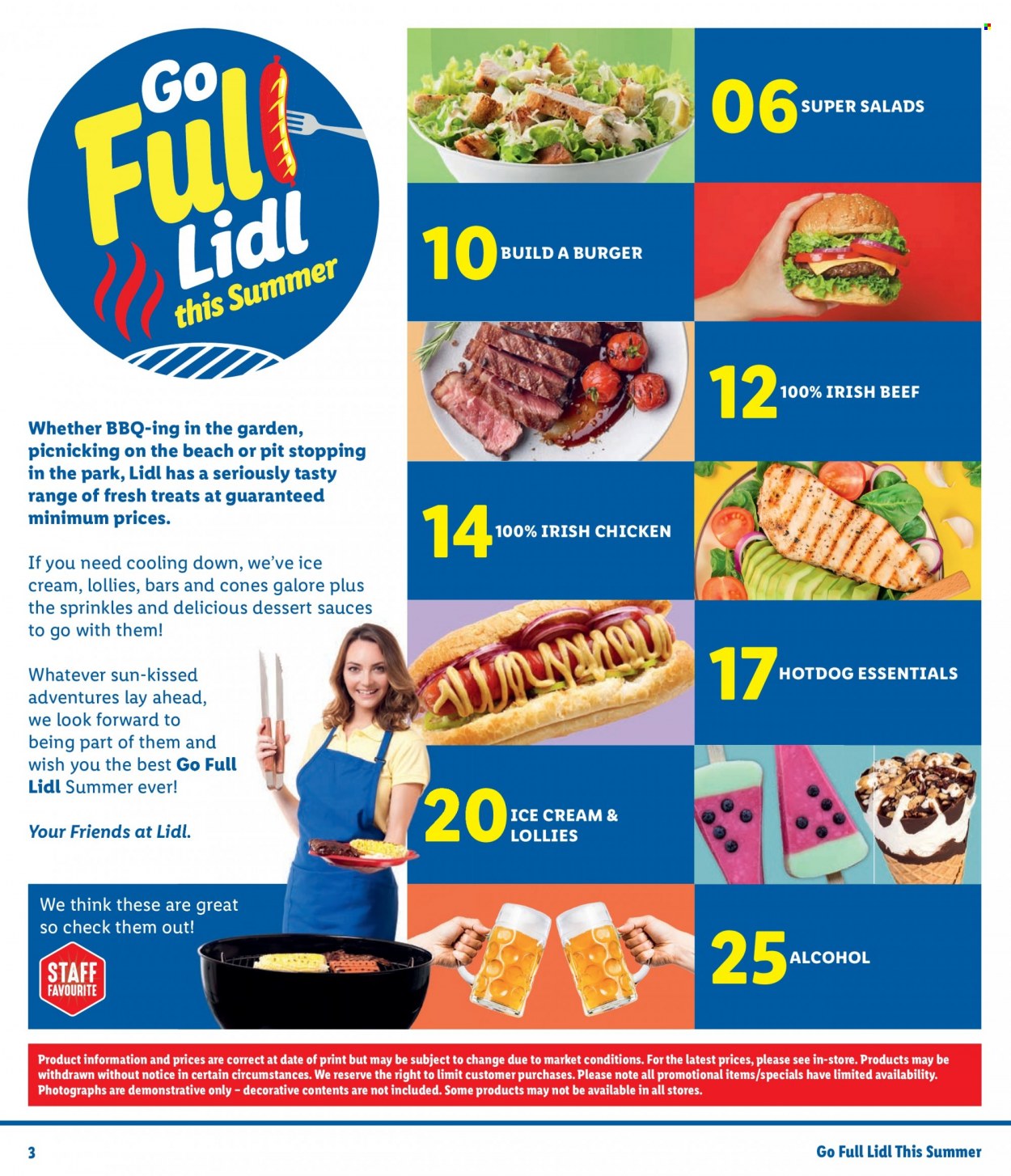 thumbnail - Lidl offer  - Sales products - hot dog rolls, dessert, hot dog, ice cream, alcohol, chicken. Page 3.