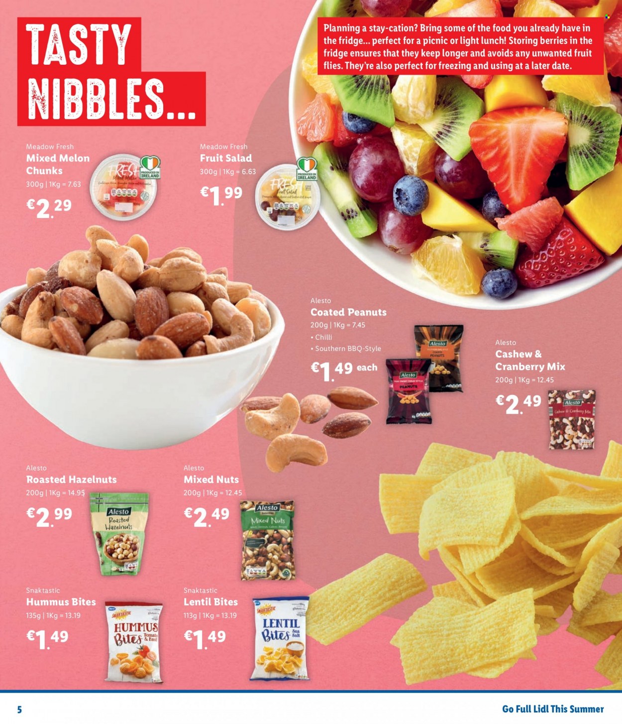 thumbnail - Lidl offer  - Sales products - salad, melons, hummus, sea salt, fruit salad, hazelnuts, mixed nuts. Page 5.